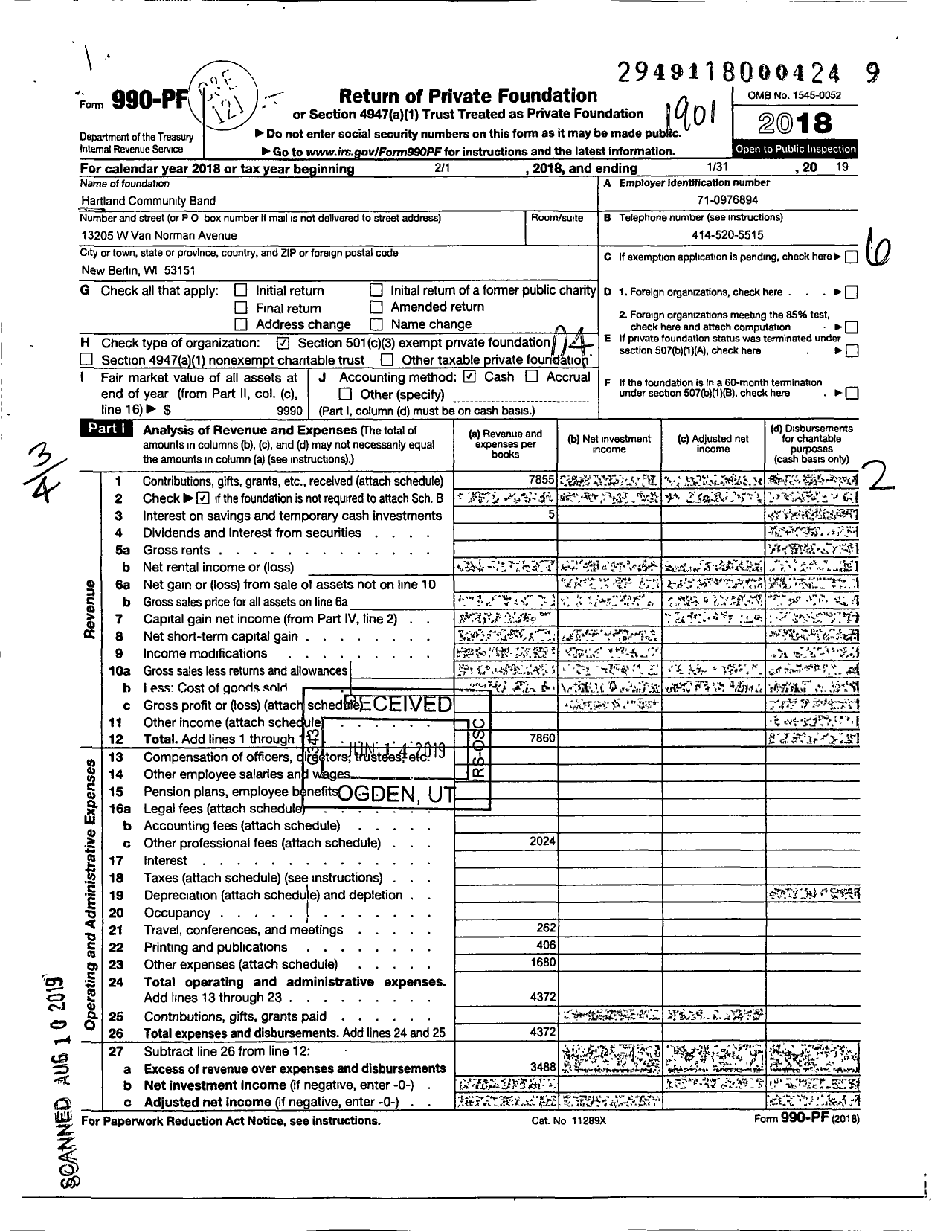 Image of first page of 2018 Form 990PF for Hartland Community Band