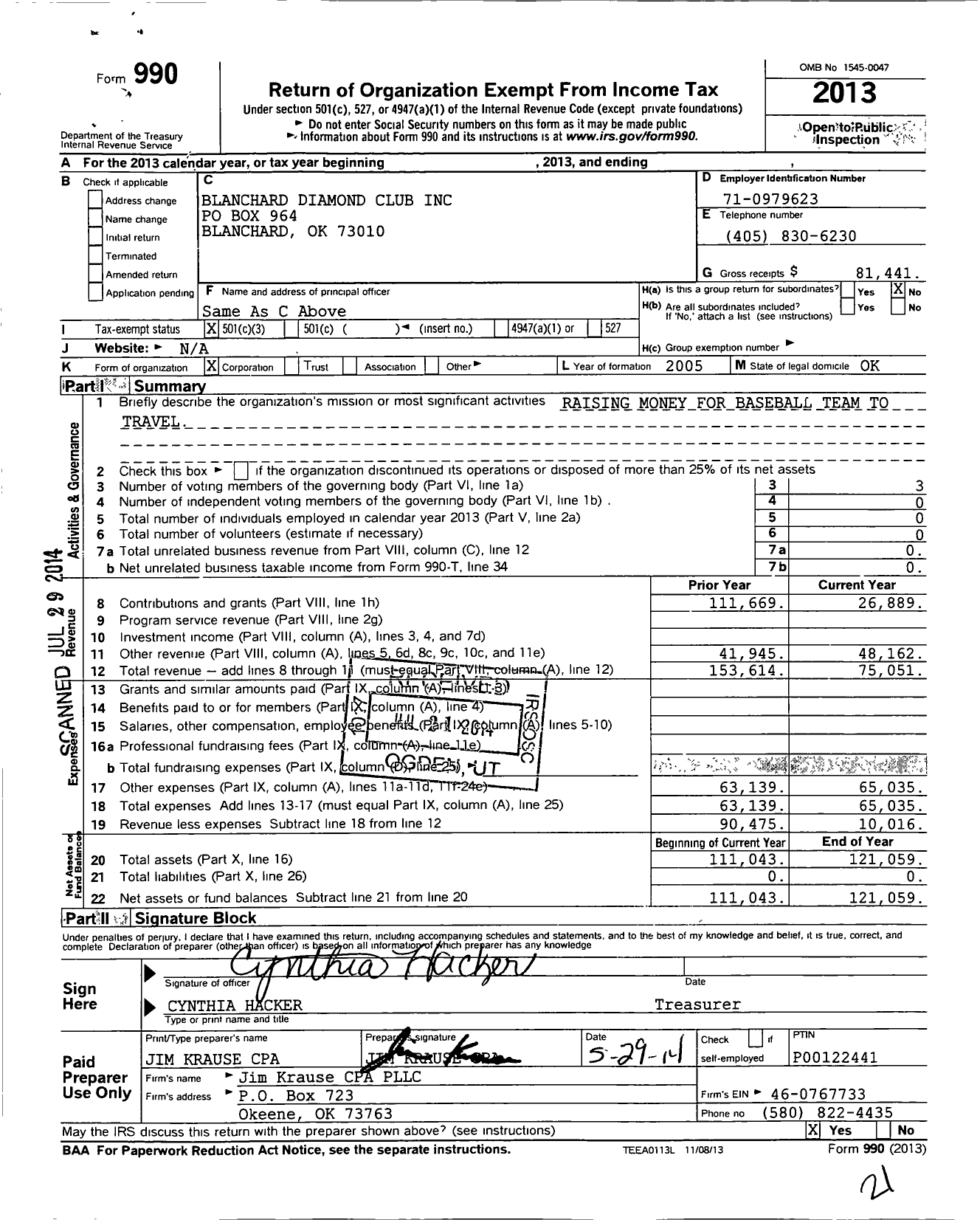 Image of first page of 2013 Form 990 for Blanchard Diamond Club