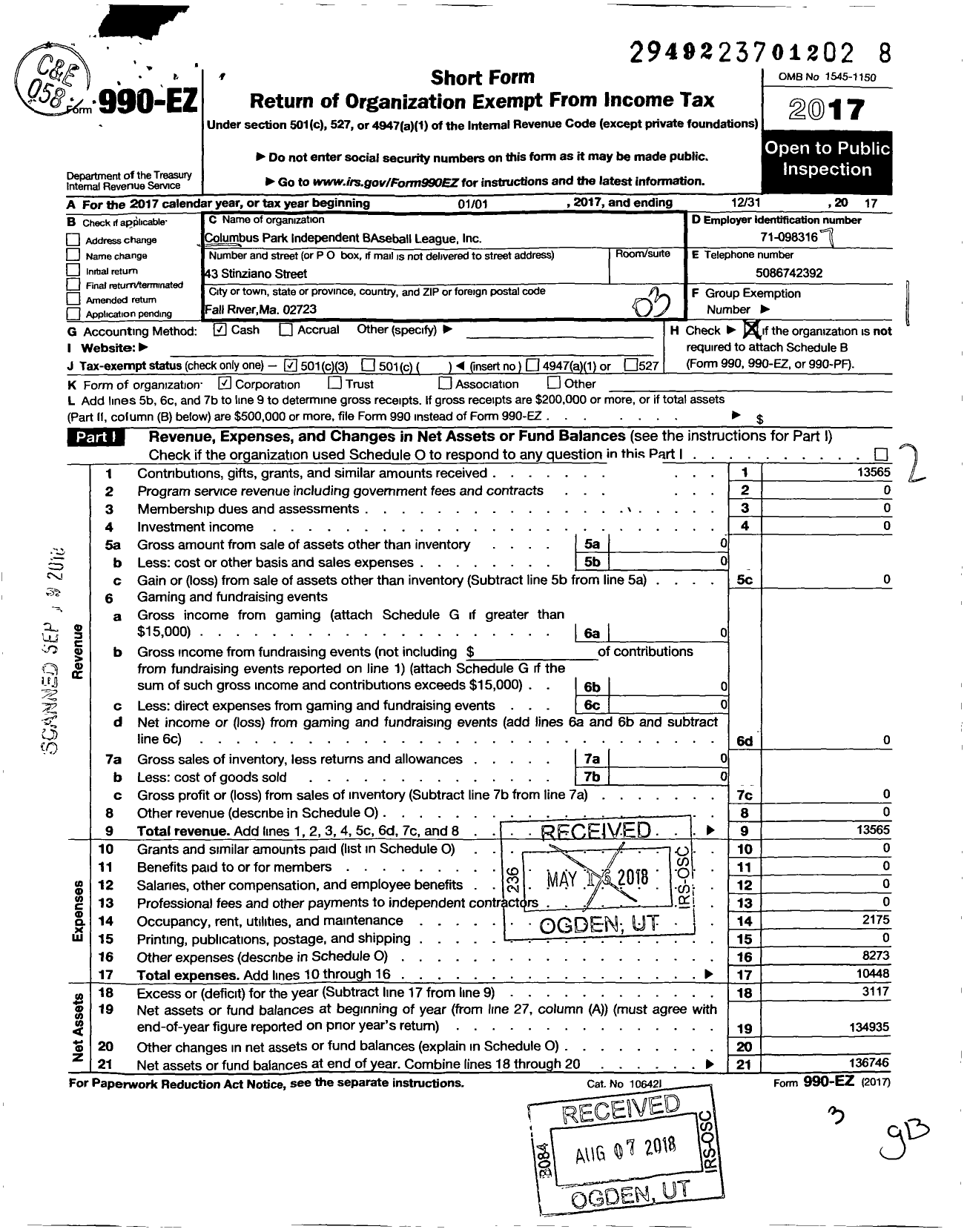 Image of first page of 2017 Form 990EZ for Columbus Park Independent Baseball League