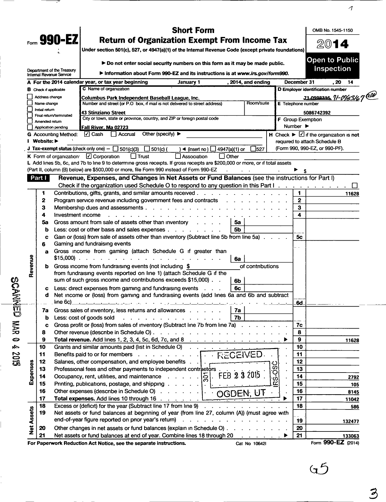 Image of first page of 2014 Form 990EO for Columbus Park Independent Baseball League