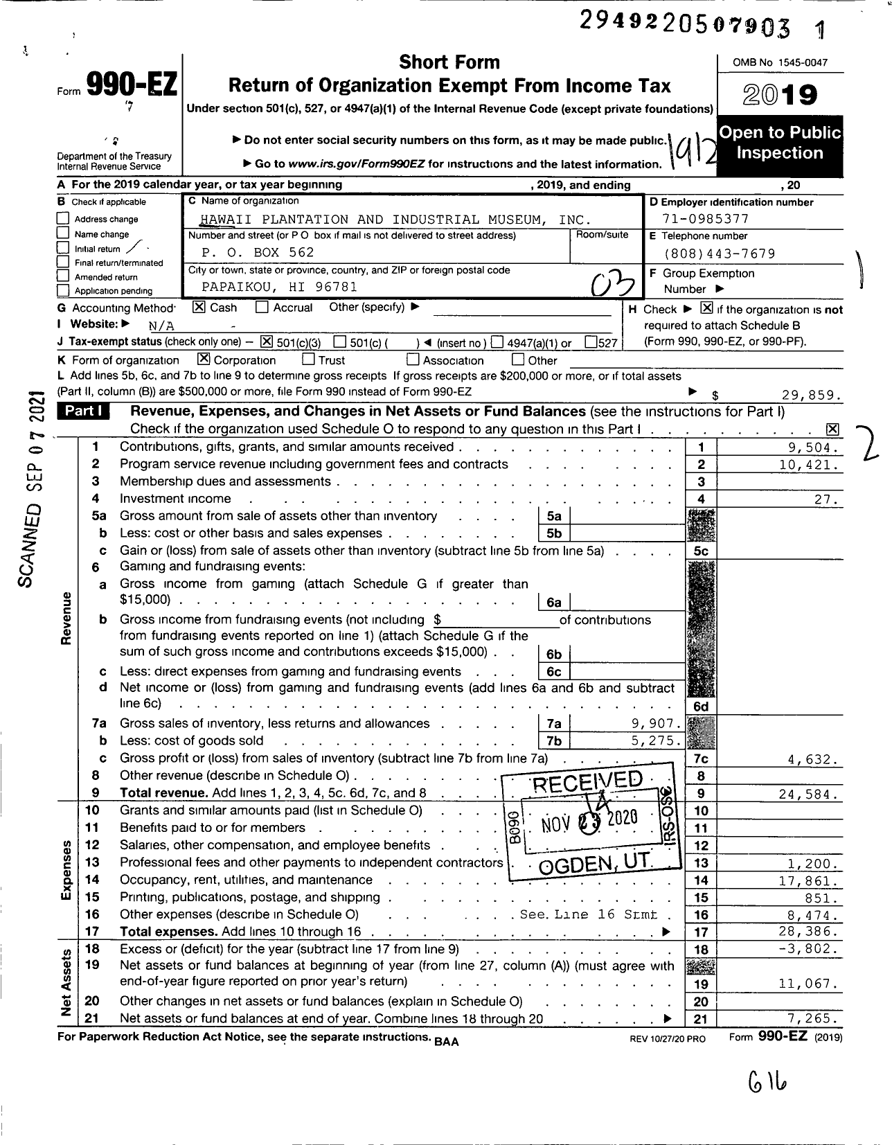 Image of first page of 2019 Form 990EZ for Hawaii Plantation and Industrial Museum