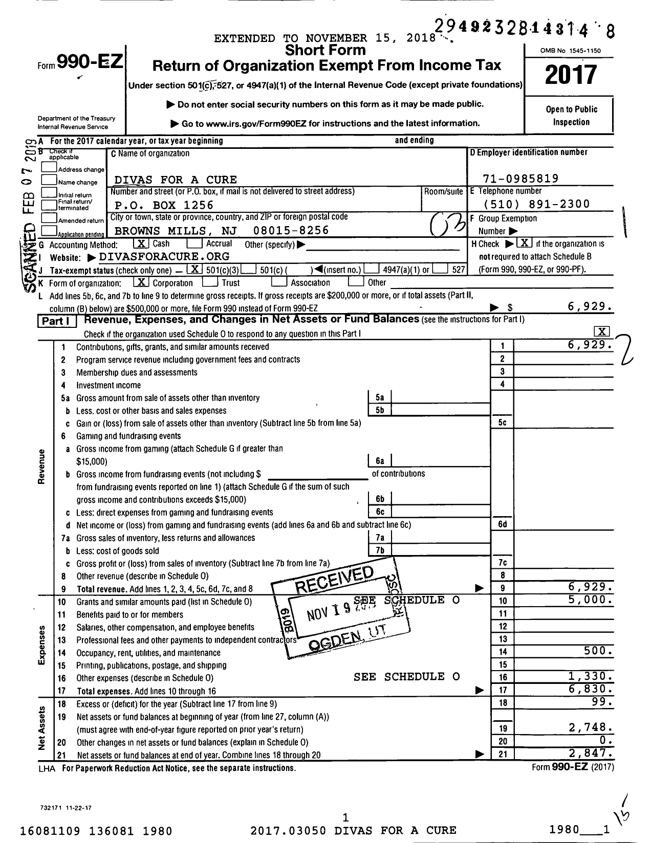 Image of first page of 2017 Form 990EZ for Divas for A Cure