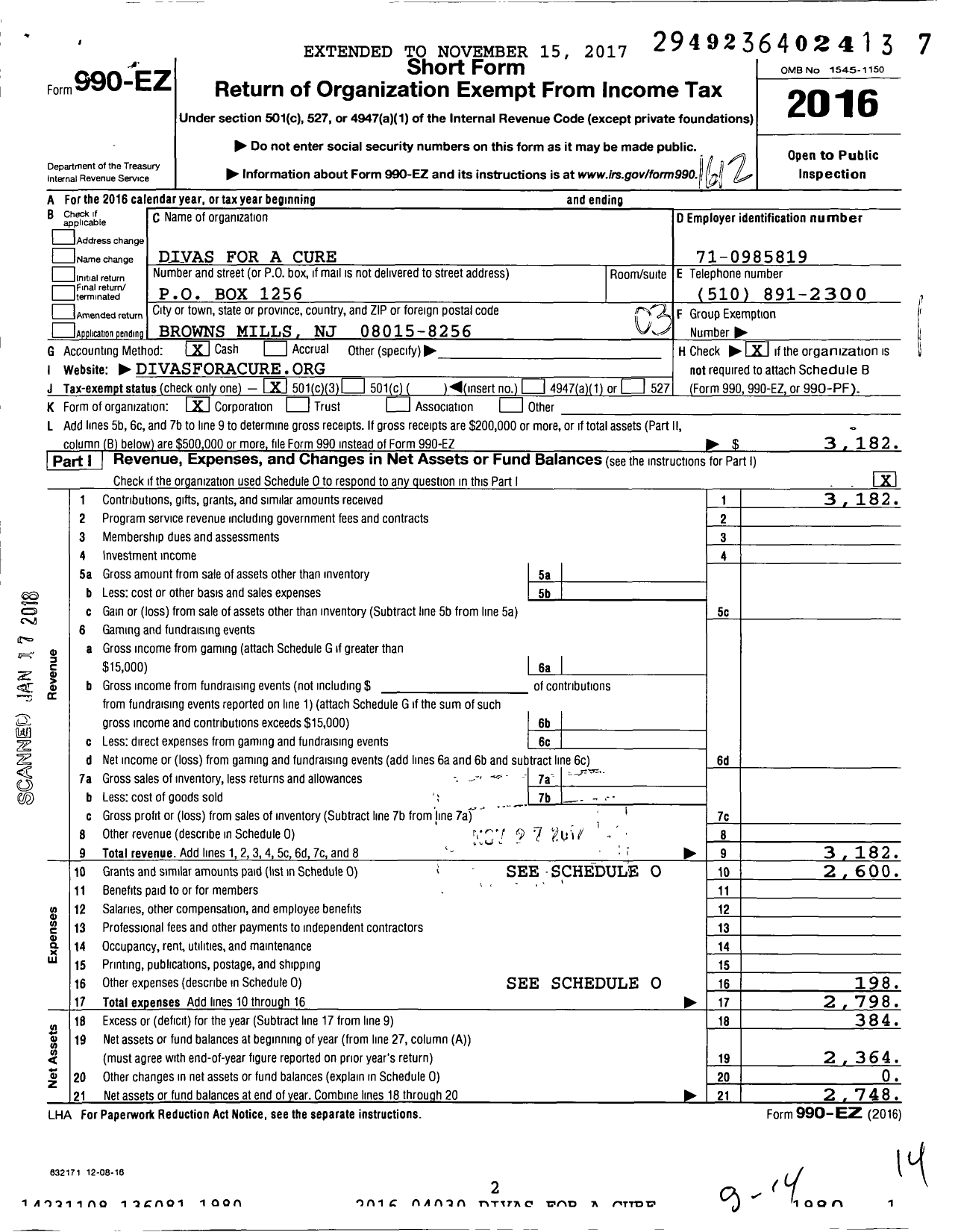 Image of first page of 2016 Form 990EZ for Divas for A Cure