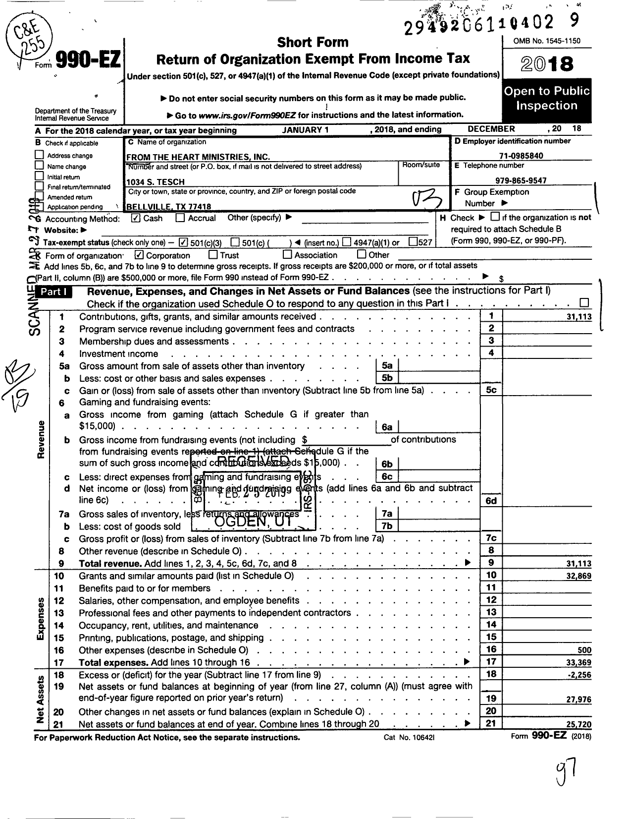 Image of first page of 2018 Form 990EZ for From the Heart Ministries