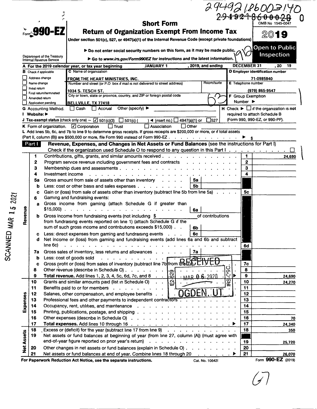 Image of first page of 2019 Form 990EZ for From the Heart Ministries