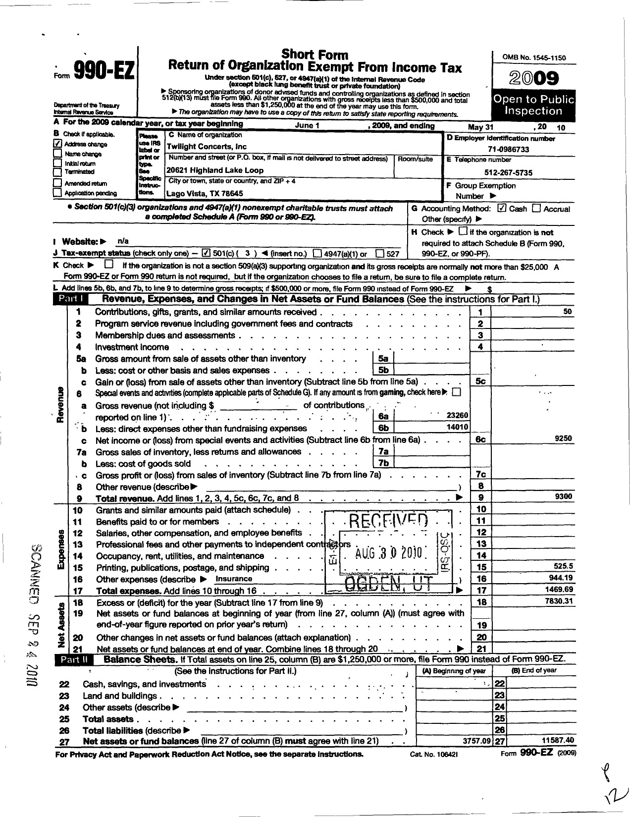 Image of first page of 2009 Form 990EZ for Twilight Concerts