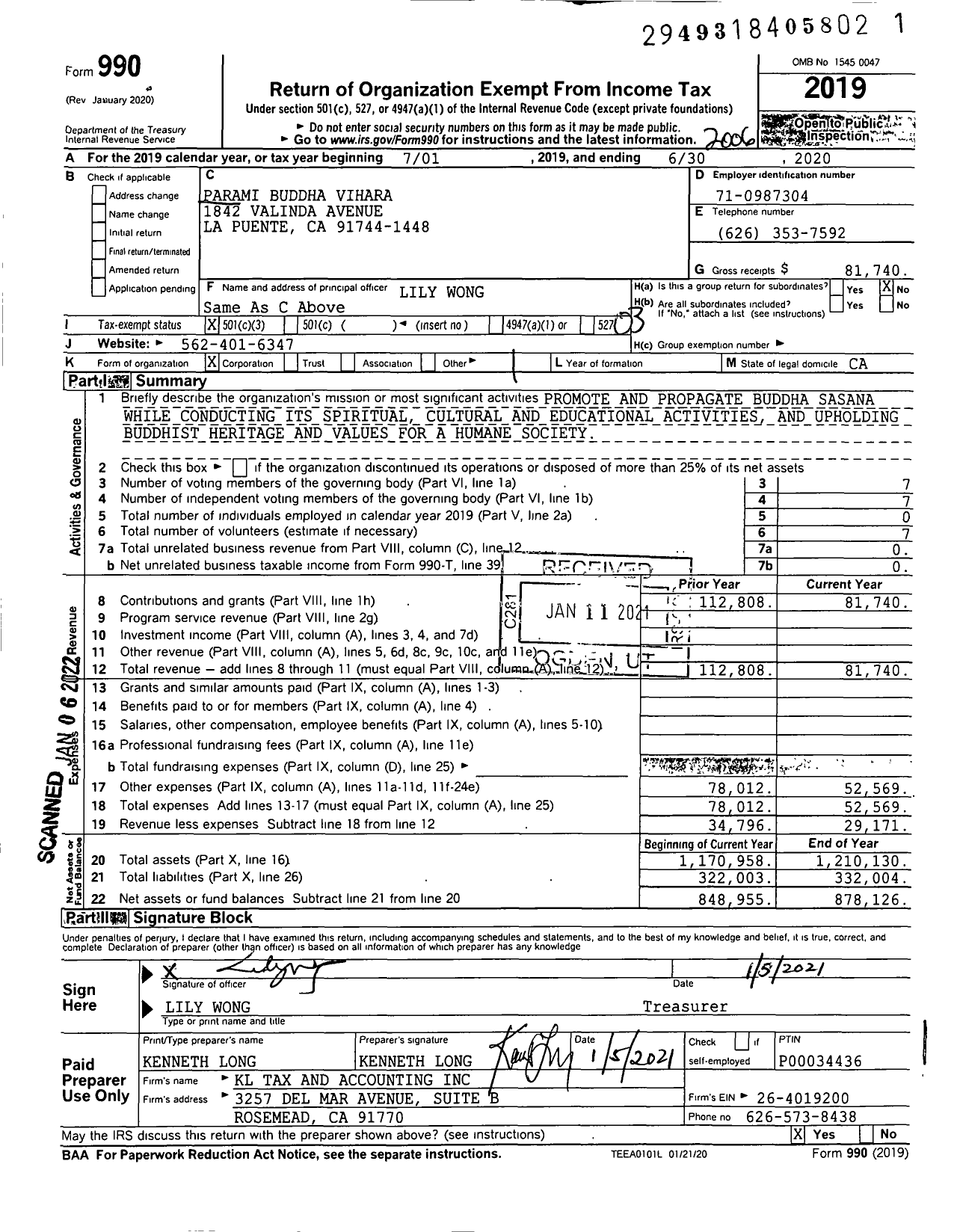 Image of first page of 2019 Form 990 for Parami Buddha Vihara