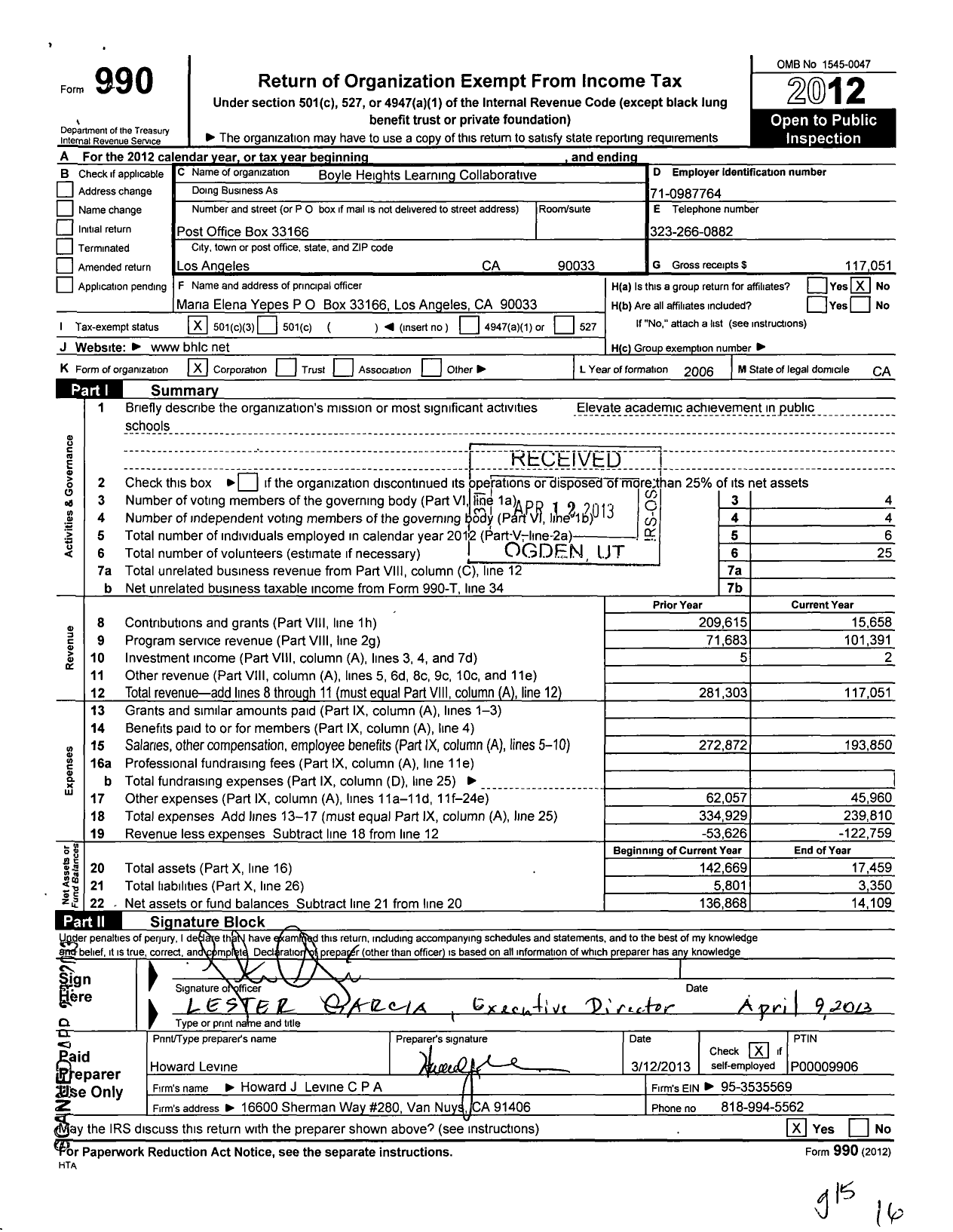 Image of first page of 2012 Form 990 for Boyle Heights Learning Collaborative