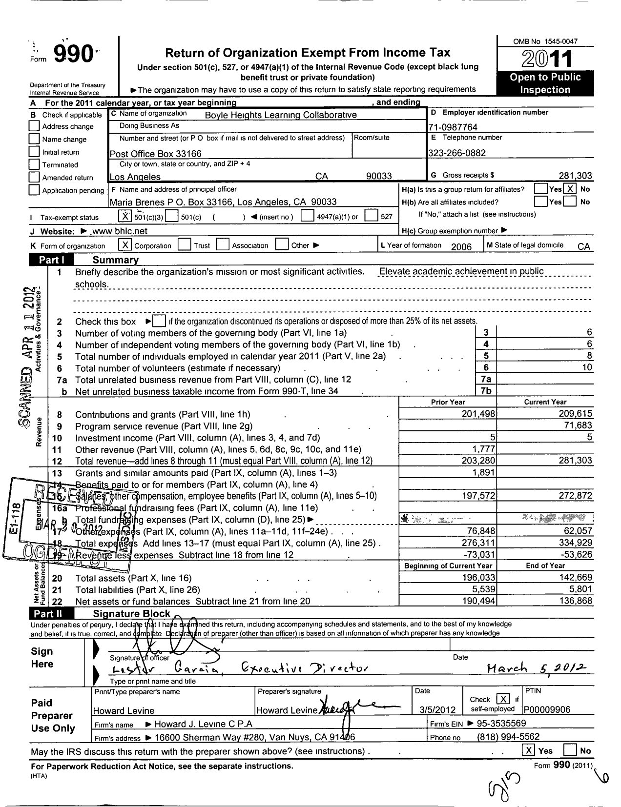 Image of first page of 2011 Form 990 for Boyle Heights Learning Collaborative