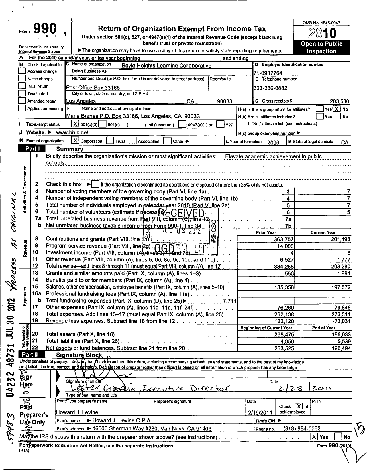 Image of first page of 2010 Form 990 for Boyle Heights Learning Collaborative