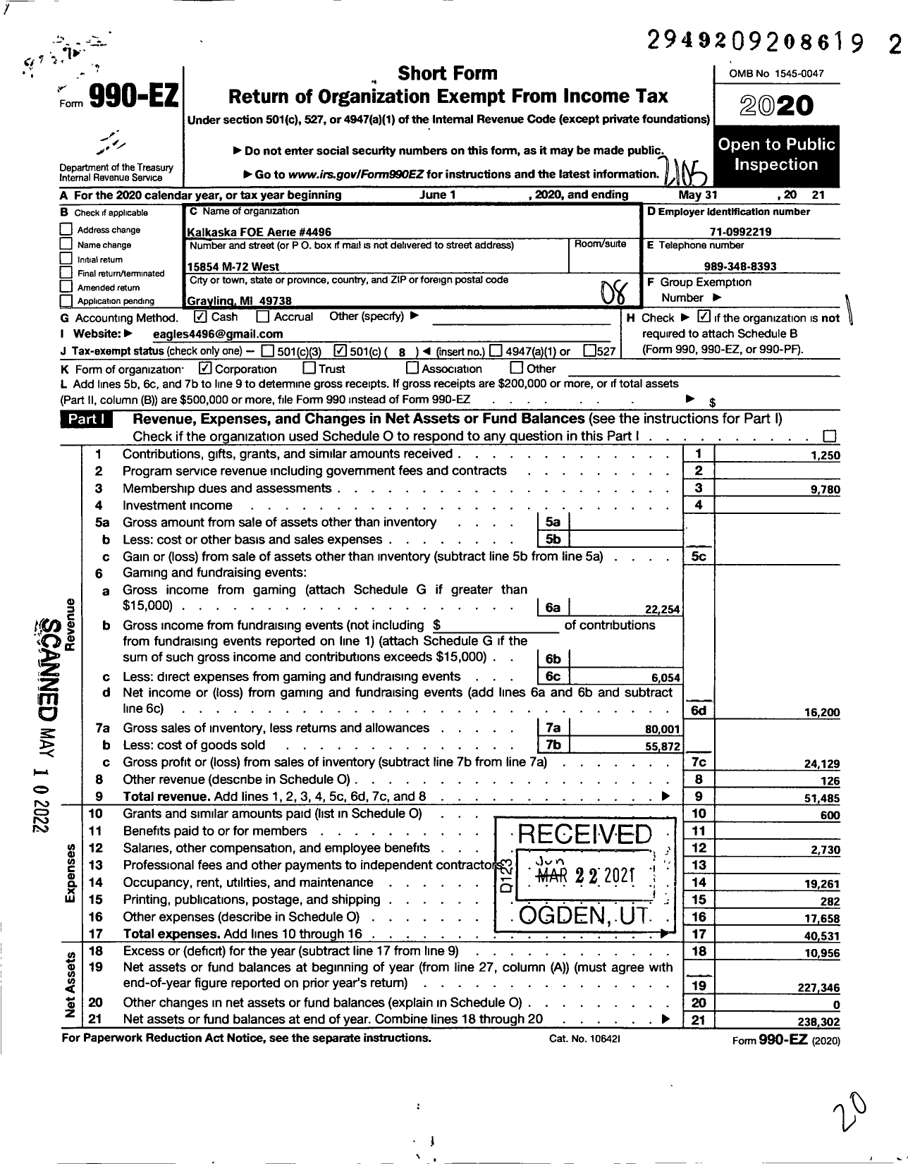 Image of first page of 2020 Form 990EO for Fraternal Order of Eagles - 4496 Aerie