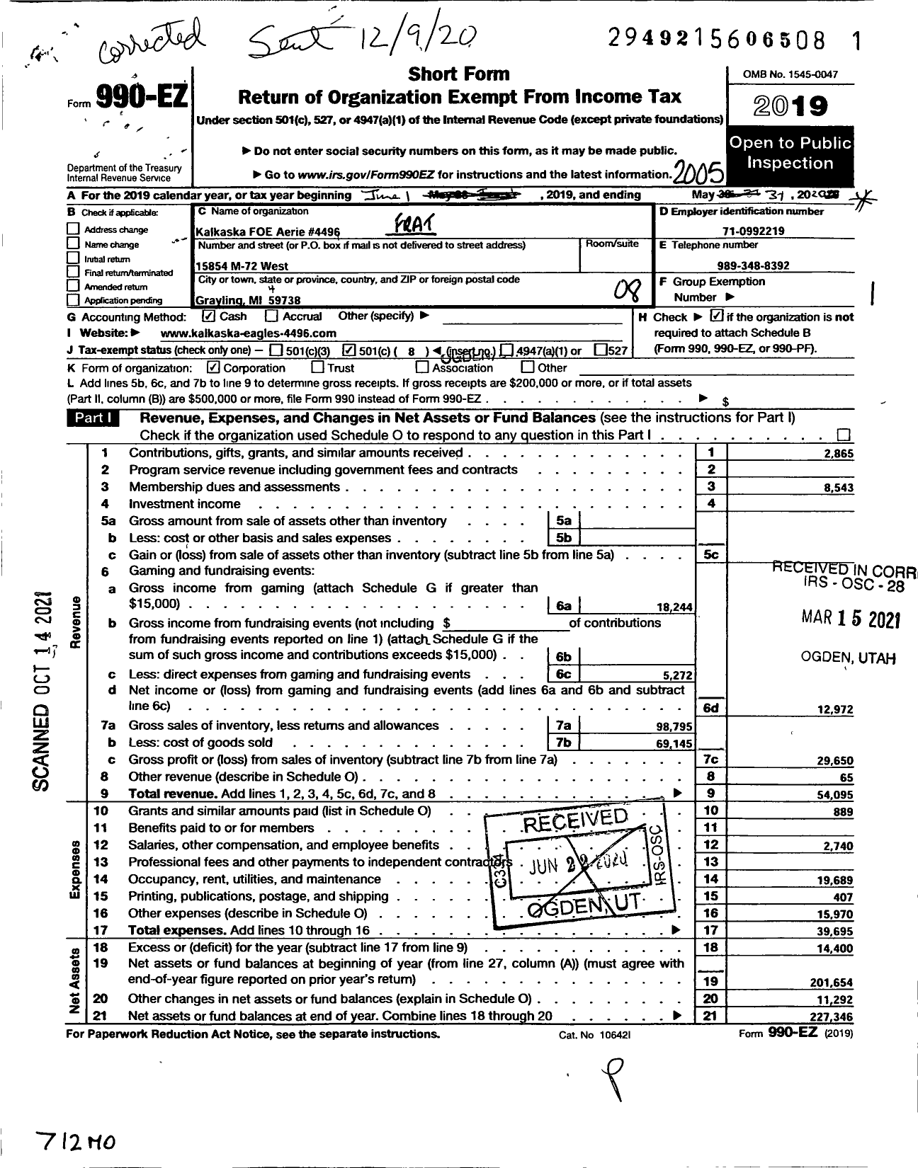 Image of first page of 2019 Form 990EO for Fraternal Order of Eagles - 4496 Aerie