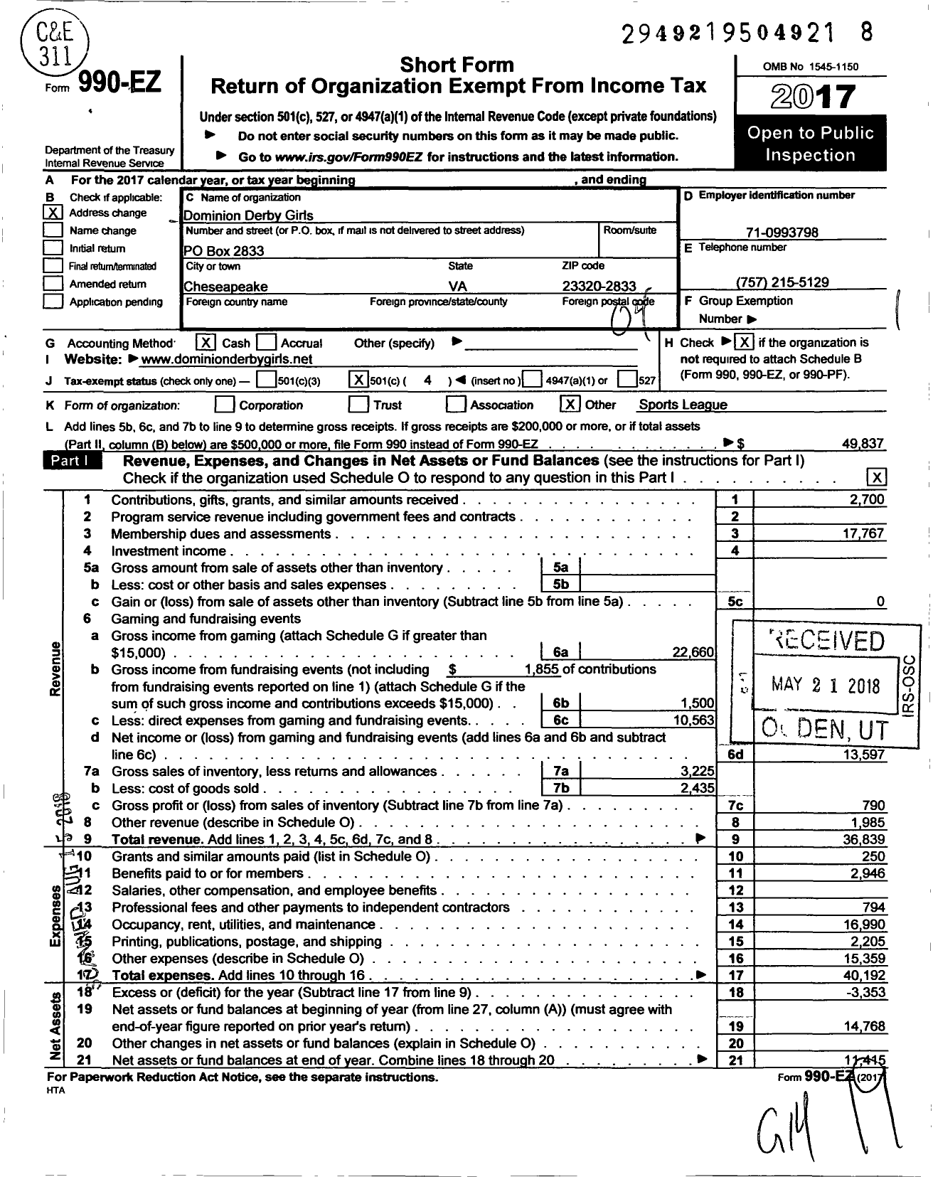 Image of first page of 2017 Form 990EO for Dominion Derby Girls