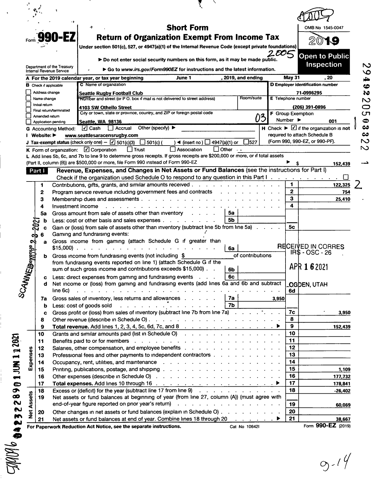 Image of first page of 2019 Form 990EZ for Seattle Rugby Football Club