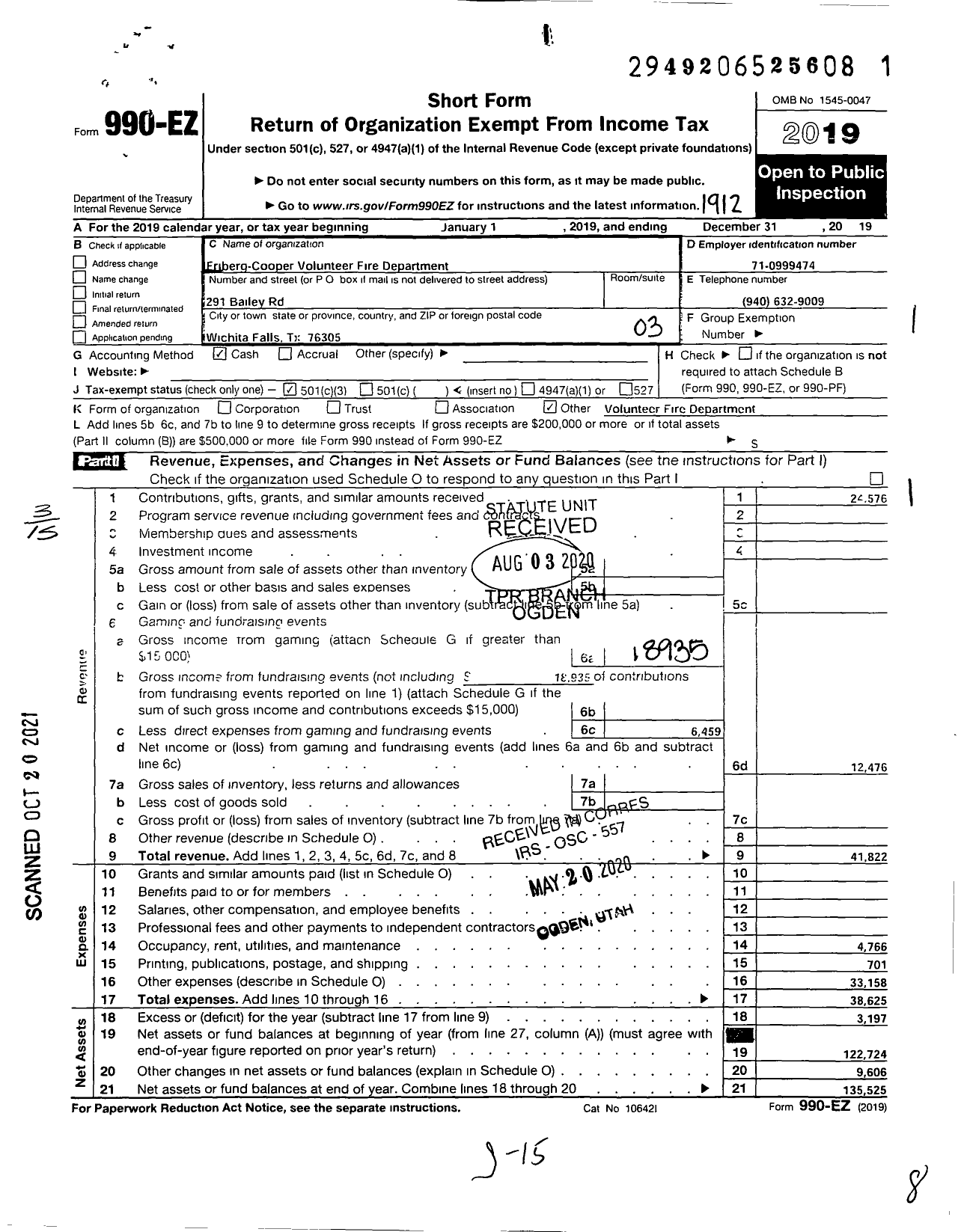 Image of first page of 2019 Form 990EZ for Friberg-Cooper Volunteer Fire Department