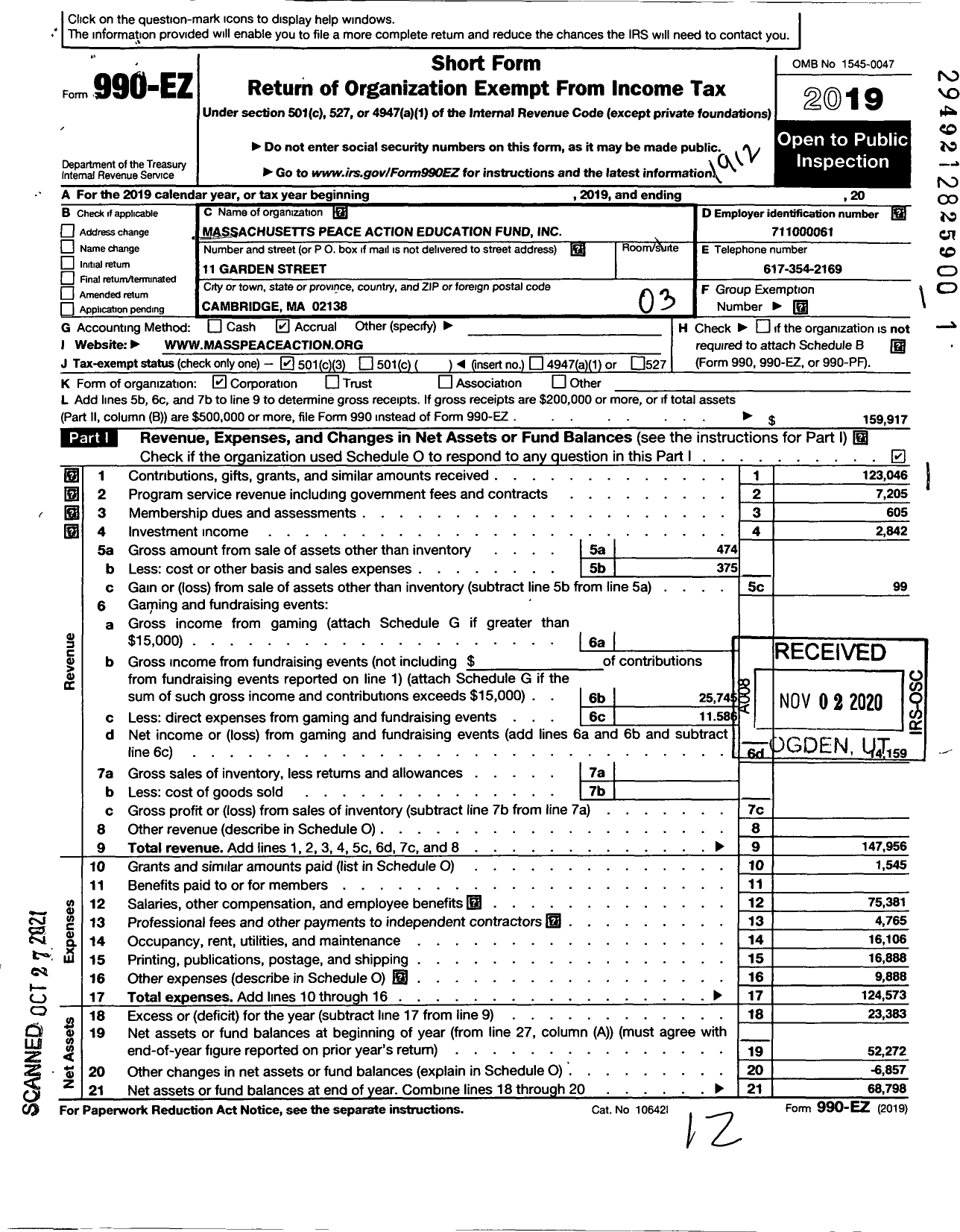 Image of first page of 2019 Form 990EZ for Massachusetts Peace Action Education Fund