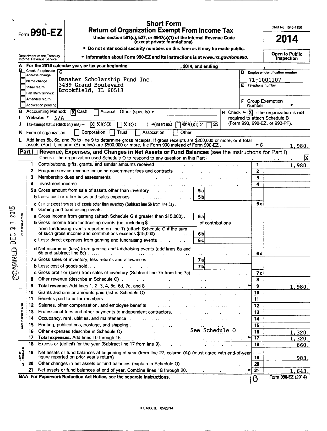 Image of first page of 2014 Form 990EZ for Danaher Scholarship Fund