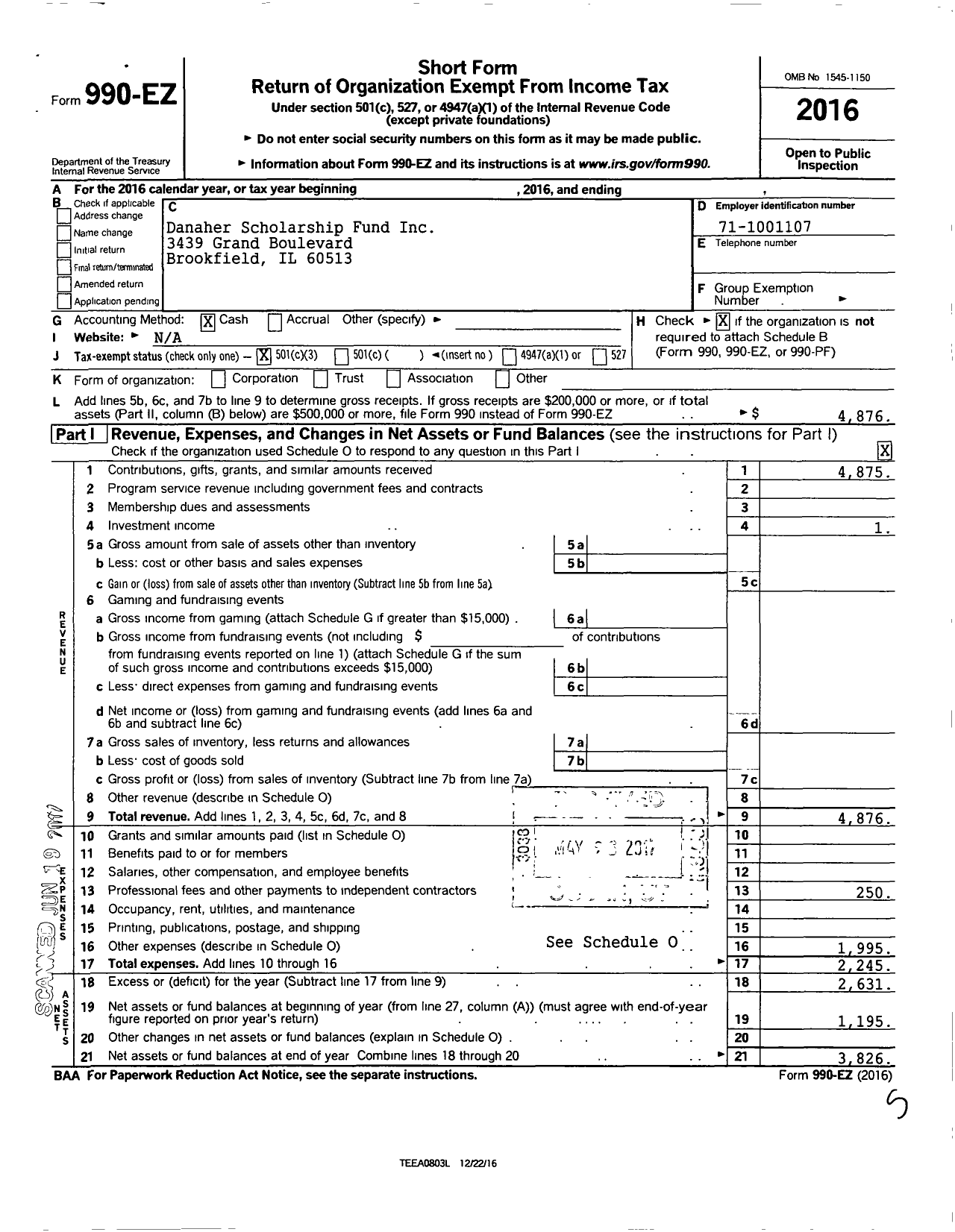 Image of first page of 2016 Form 990EZ for Danaher Scholarship Fund