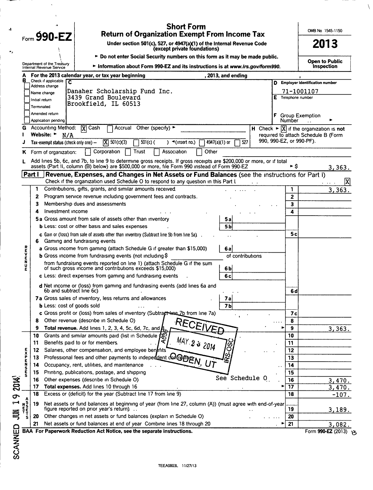 Image of first page of 2013 Form 990EZ for Danaher Scholarship Fund