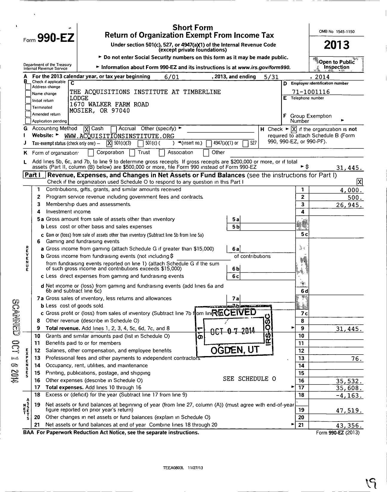 Image of first page of 2013 Form 990EZ for Acquisitions Institute at Timberline Lodge