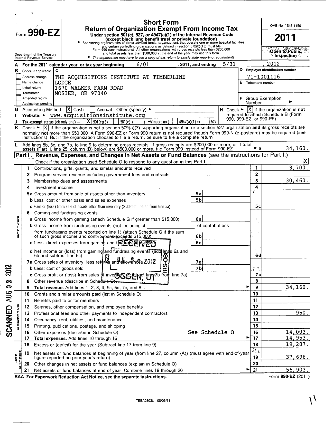 Image of first page of 2011 Form 990EZ for Acquisitions Institute at Timberline Lodge