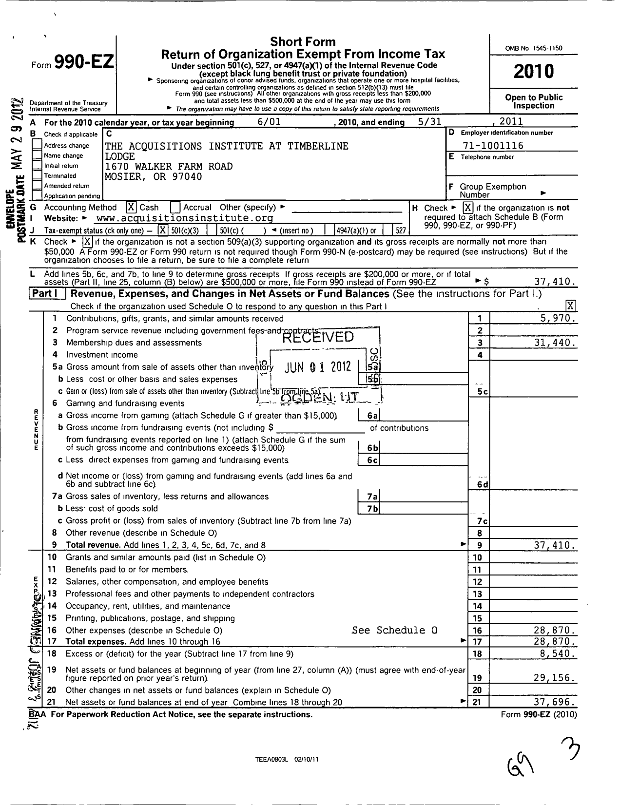 Image of first page of 2010 Form 990EZ for Acquisitions Institute at Timberline Lodge