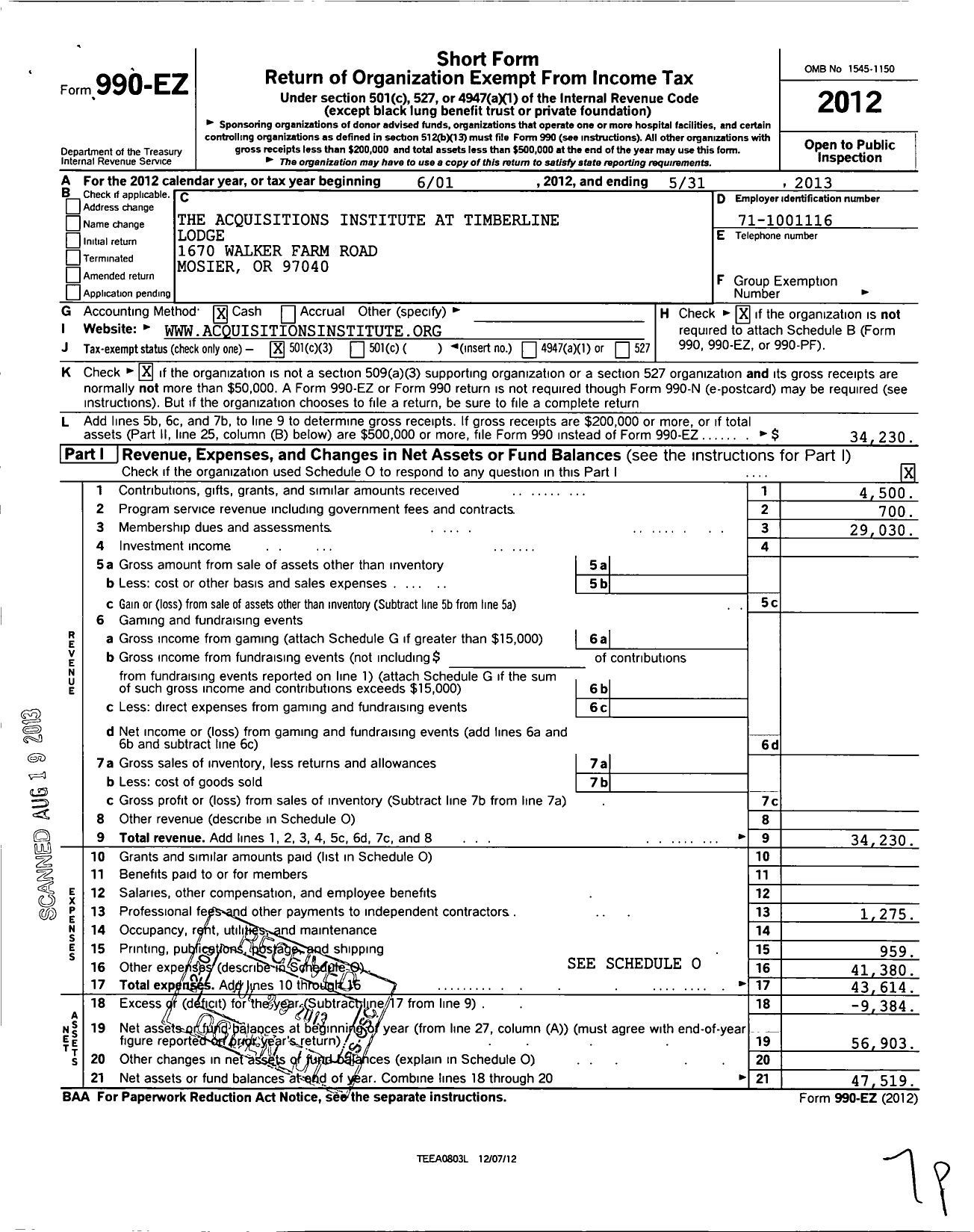 Image of first page of 2012 Form 990EZ for Acquisitions Institute at Timberline Lodge