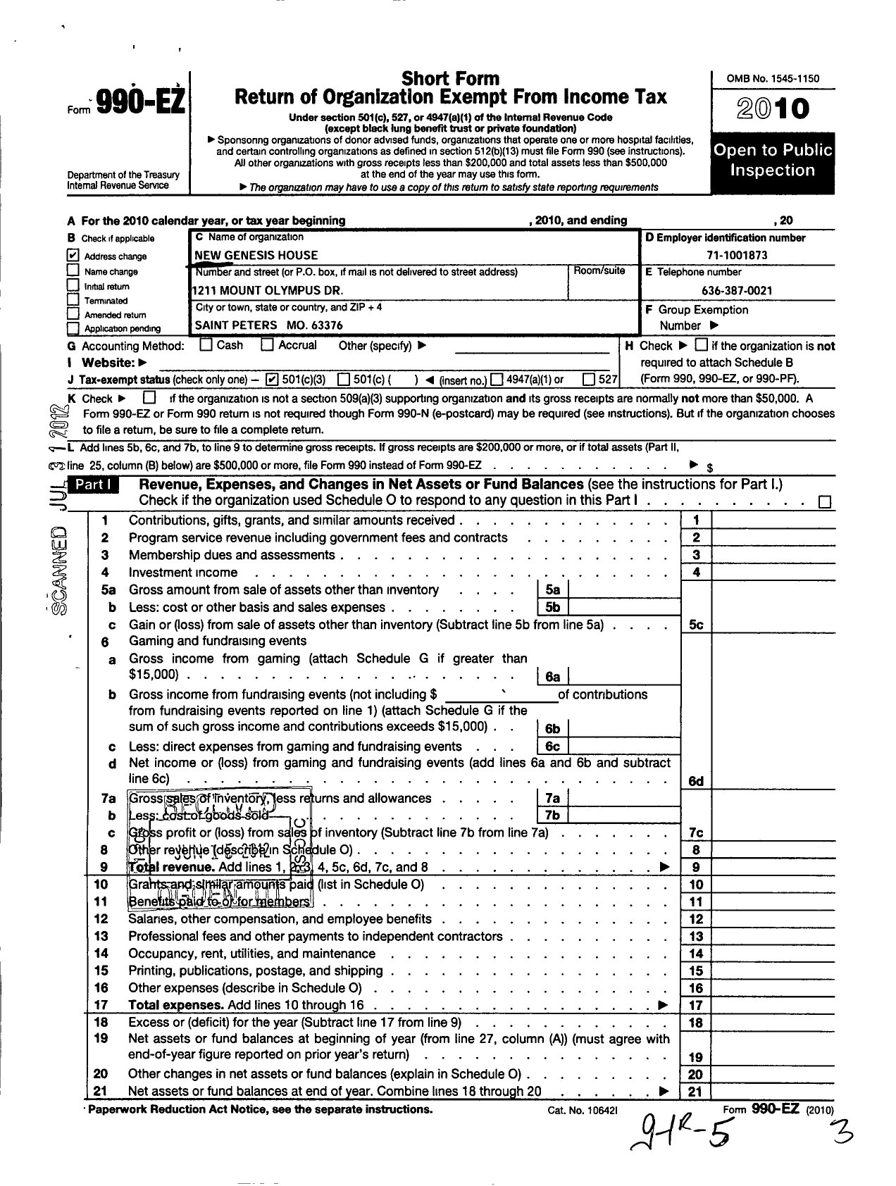 Image of first page of 2010 Form 990EZ for New Genesis House