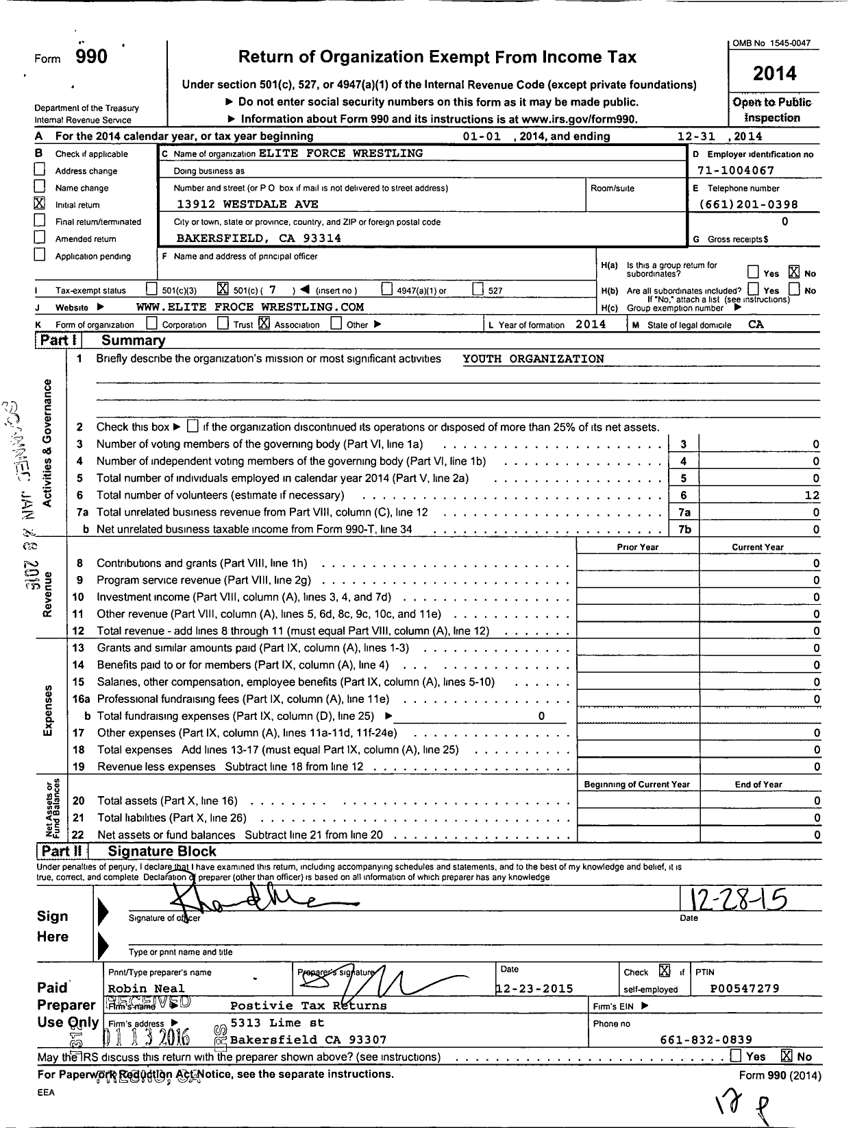 Image of first page of 2014 Form 990O for Elite Force Wrestling Club