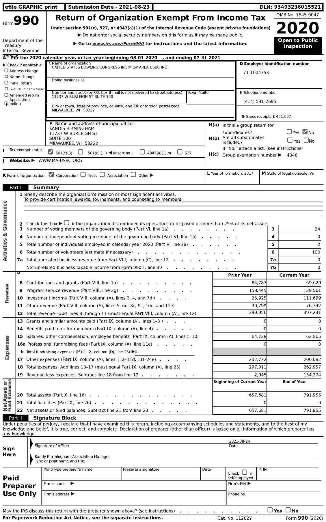 Image of first page of 2020 Form 990 for UNITED STATES BOWLING CONGRESS - Milwaukee Area USBC