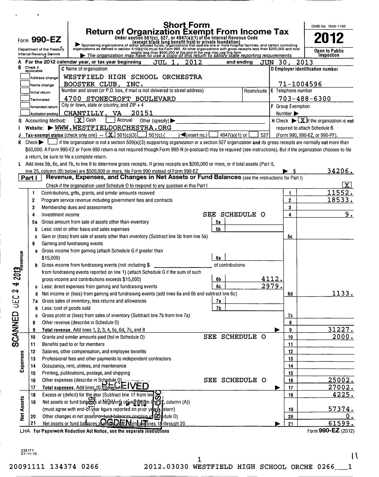 Image of first page of 2012 Form 990EZ for Westfield High School Orchestra Booster Club