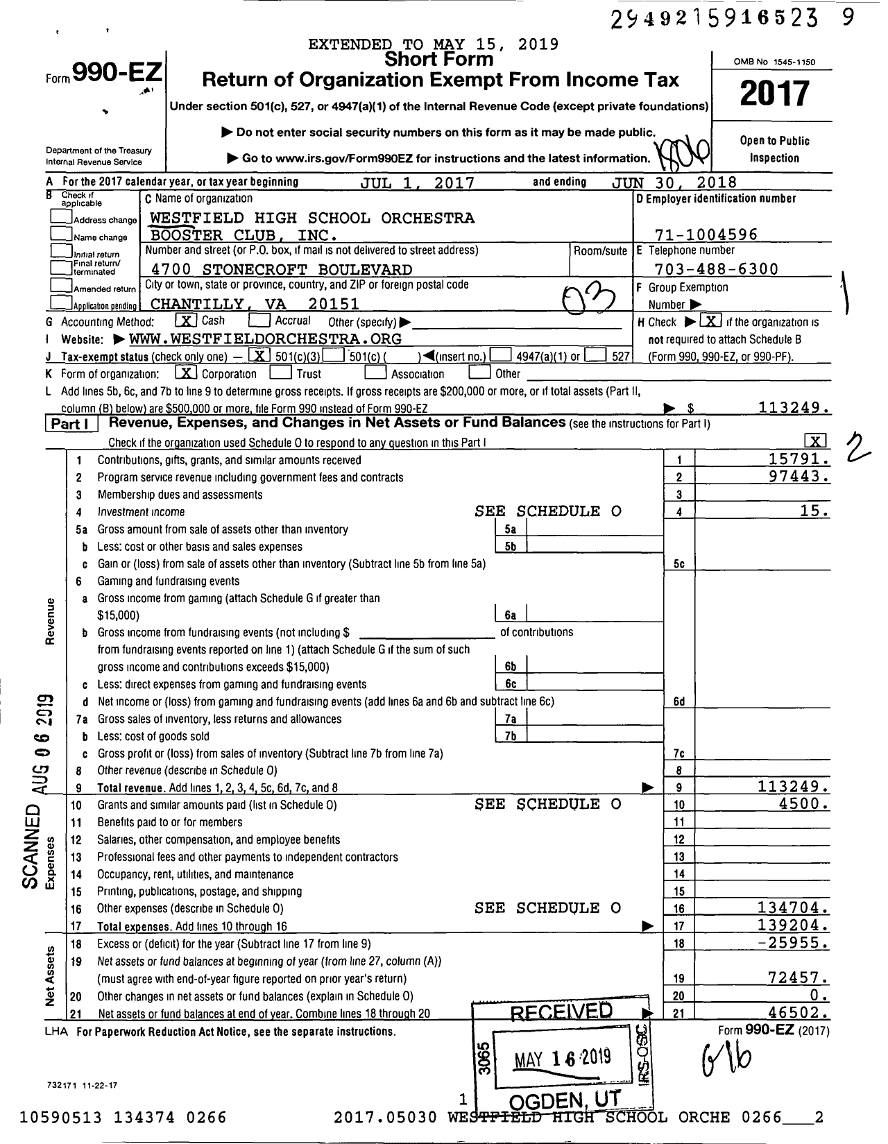 Image of first page of 2017 Form 990EZ for Westfield High School Orchestra Booster Club