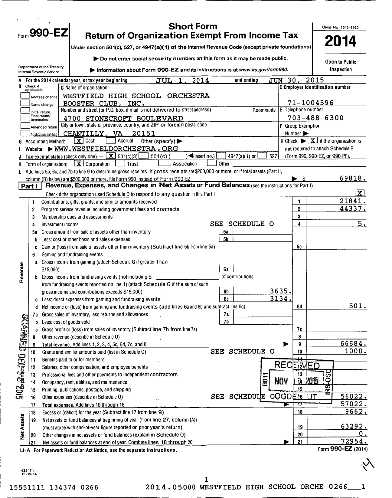 Image of first page of 2014 Form 990EZ for Westfield High School Orchestra Booster Club