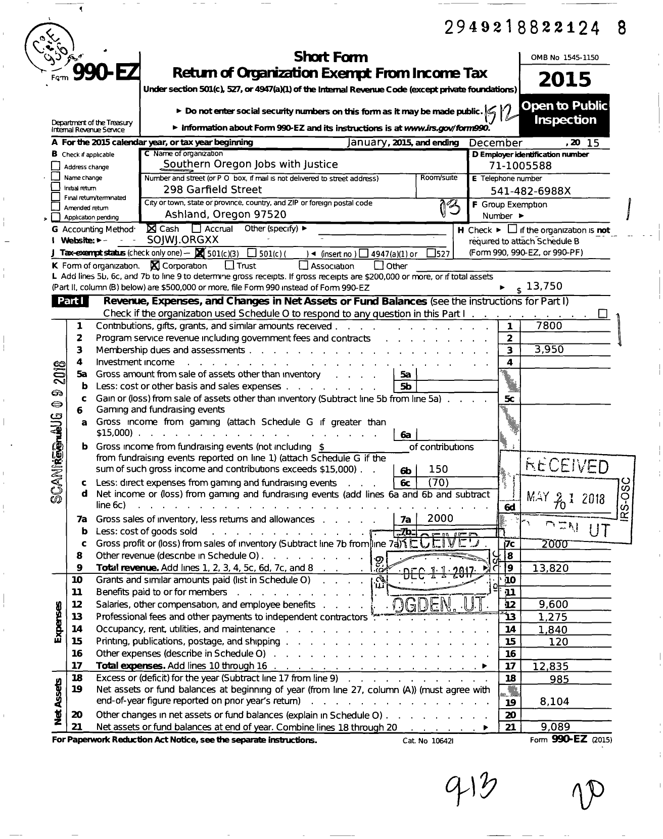 Image of first page of 2015 Form 990EZ for Southern Oregon Jobs with Justice