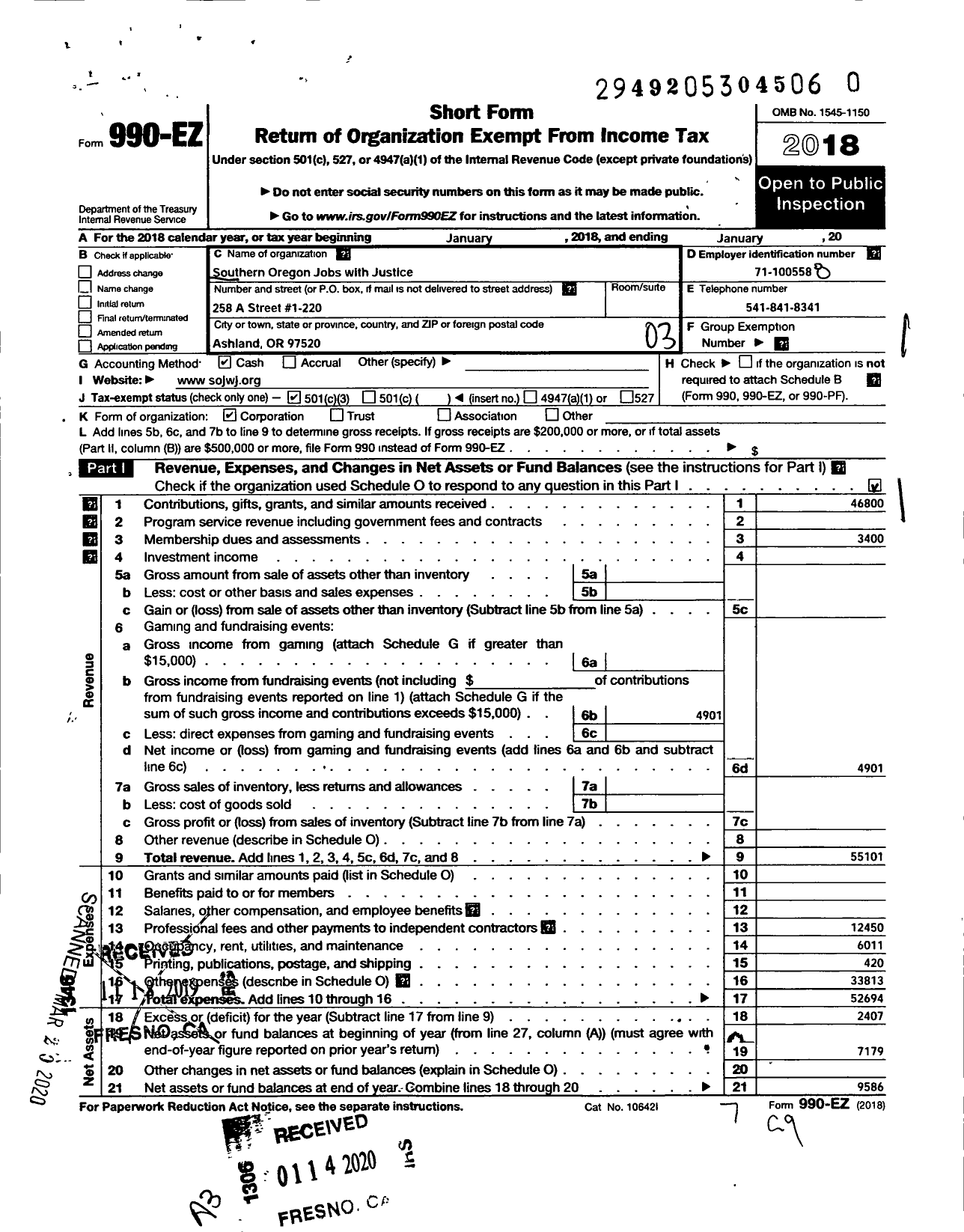 Image of first page of 2017 Form 990EZ for Southern Oregon Jobs with Justice