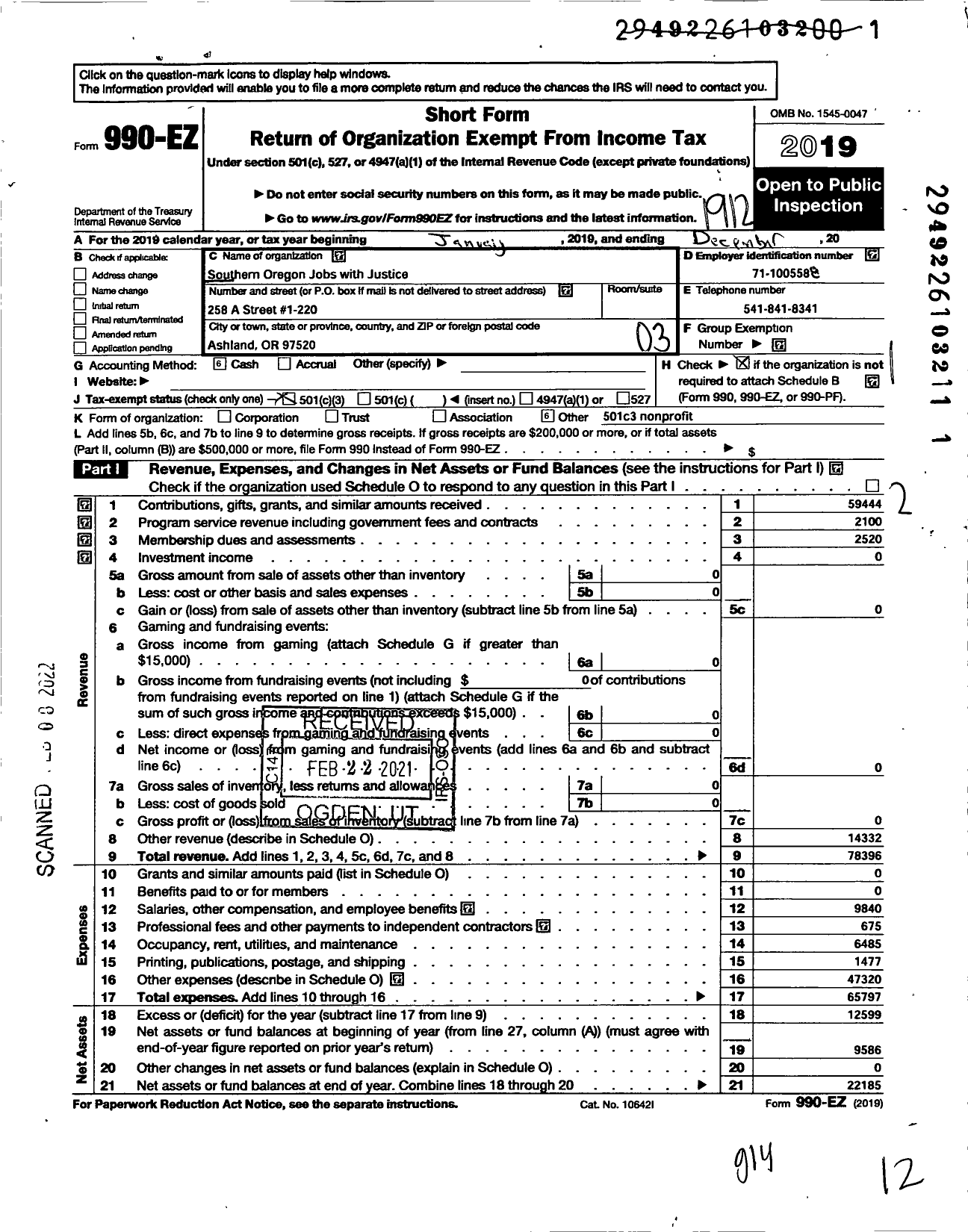 Image of first page of 2019 Form 990EZ for Southern Oregon Jobs with Justice