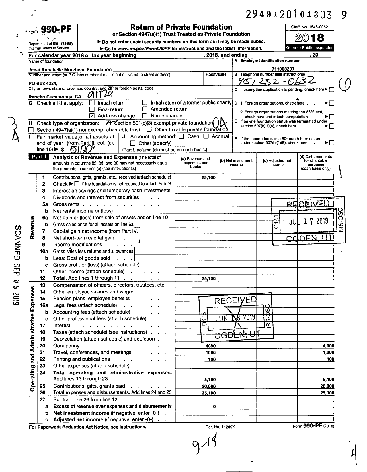 Image of first page of 2018 Form 990PF for Jenai Annabelle Morehead Foundation