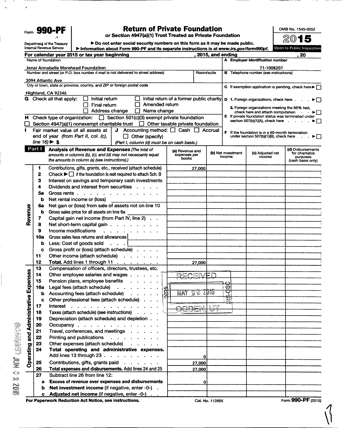 Image of first page of 2015 Form 990PF for Jenai Annabelle Morehead Foundation