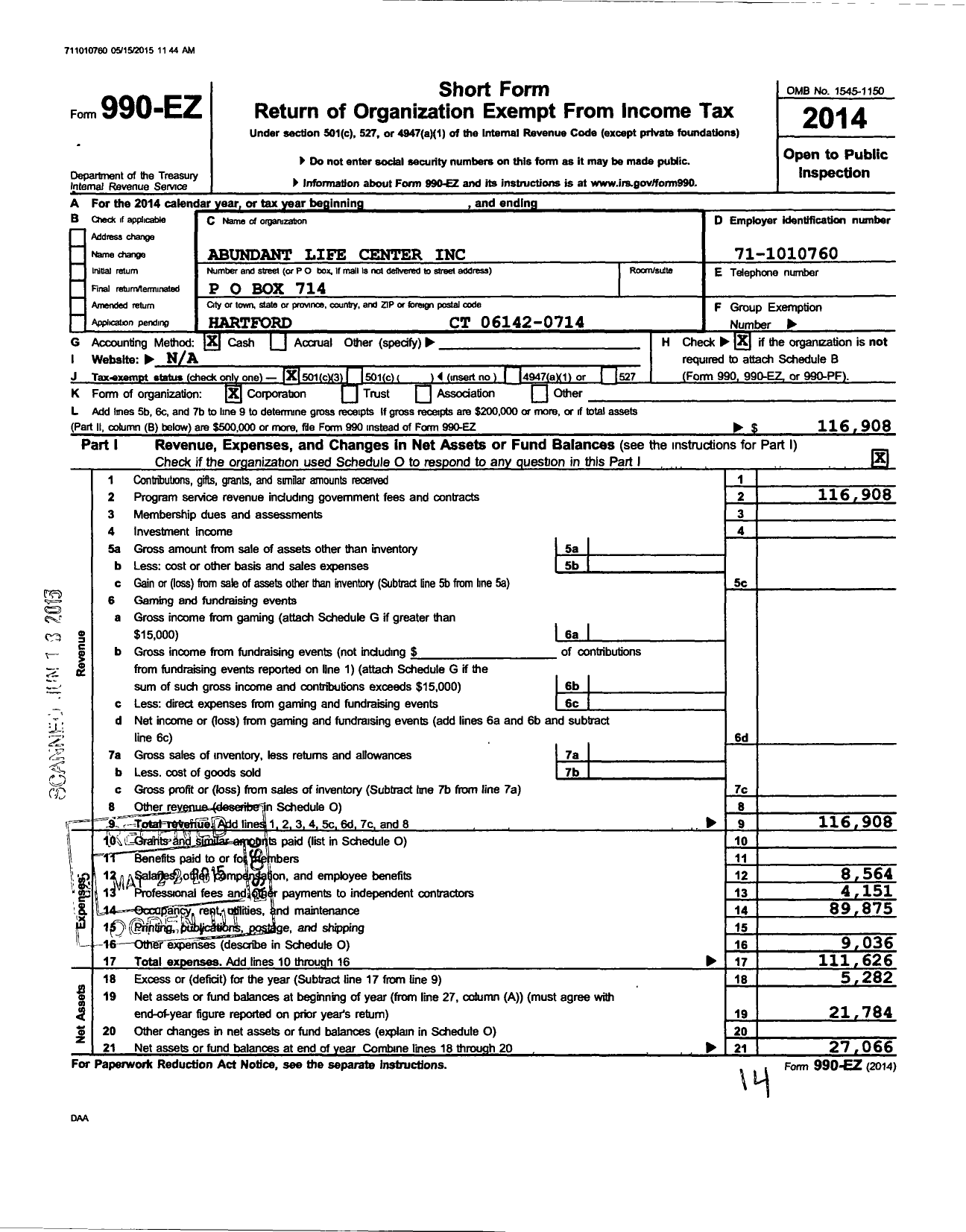 Image of first page of 2014 Form 990EZ for Abundant Life Center