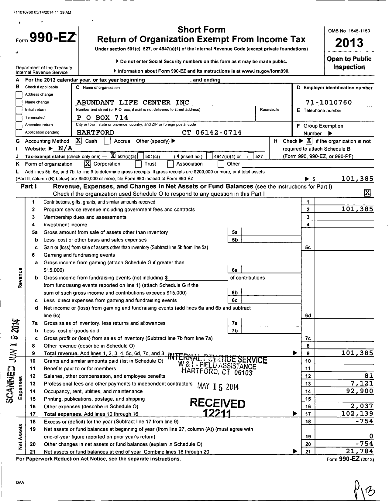 Image of first page of 2013 Form 990EZ for Abundant Life Center