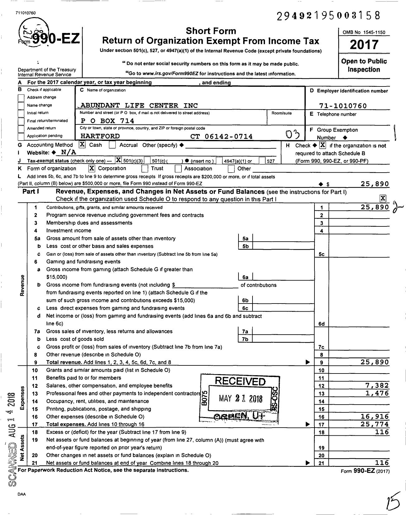 Image of first page of 2017 Form 990EZ for Abundant Life Center