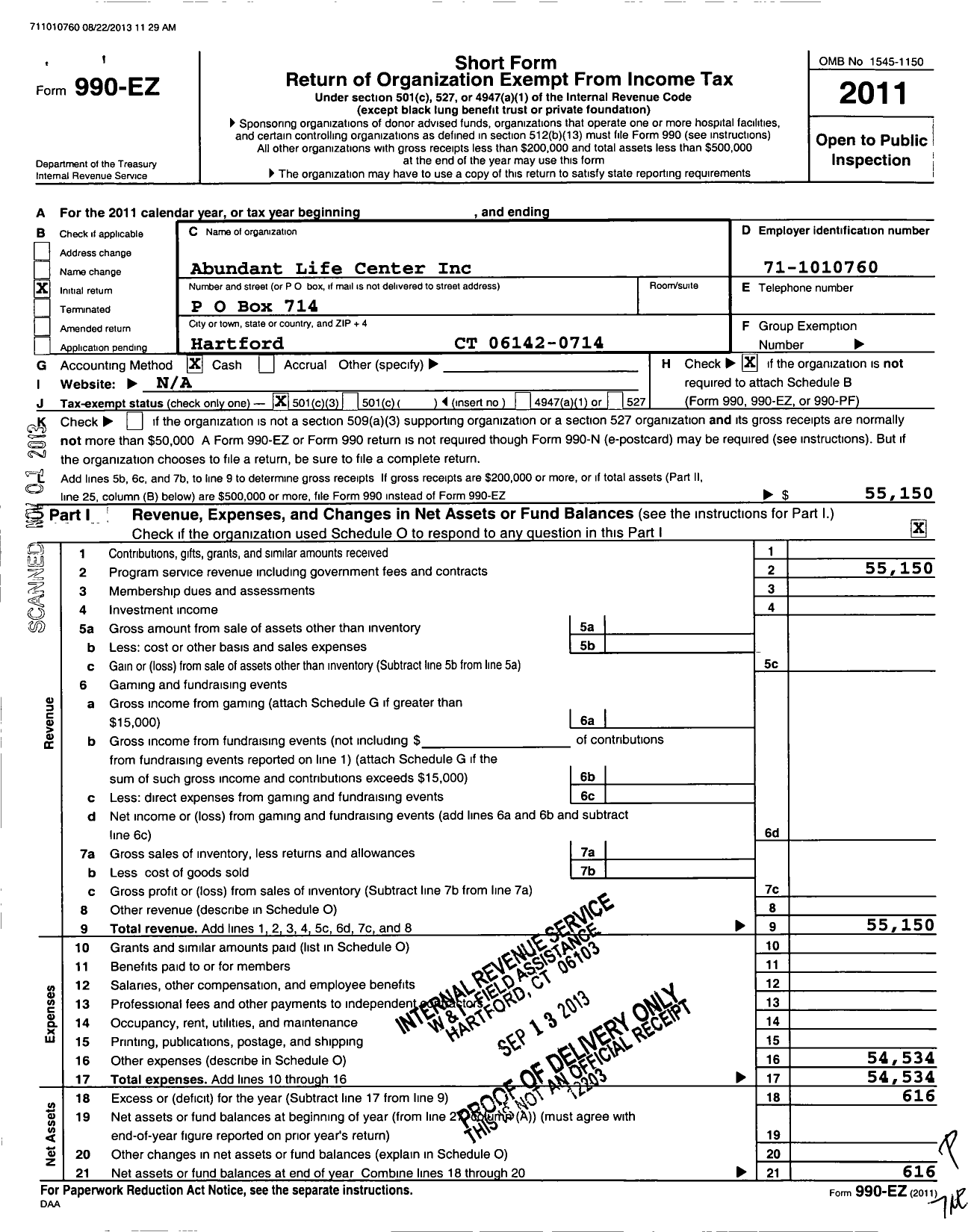 Image of first page of 2011 Form 990EZ for Abundant Life Center