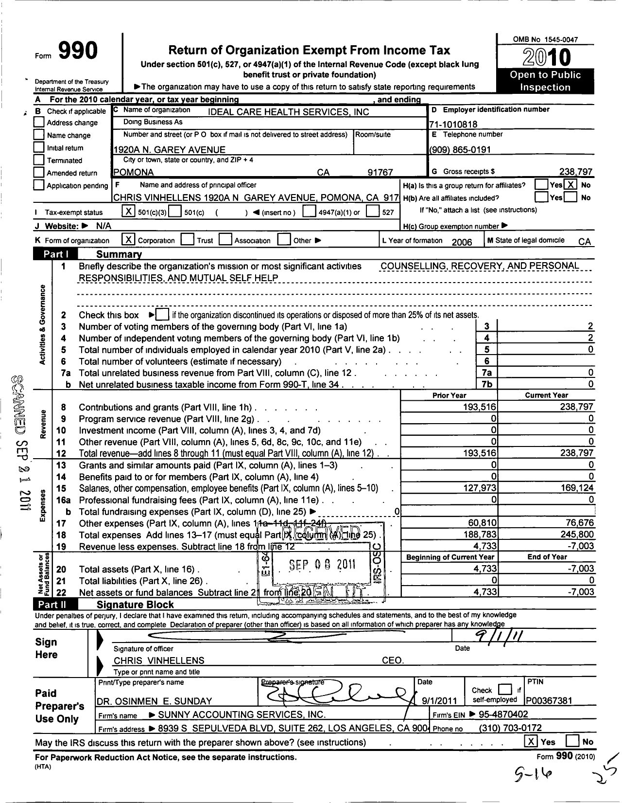 Image of first page of 2010 Form 990 for Ideal Care and Health Services