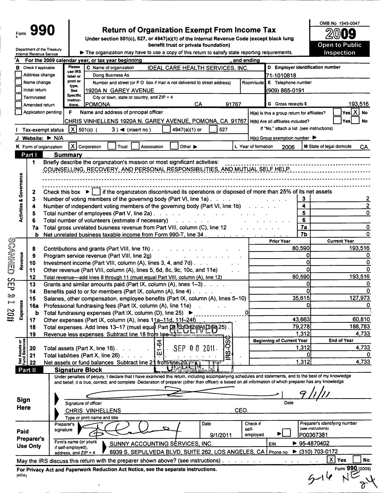 Image of first page of 2009 Form 990 for Ideal Care and Health Services