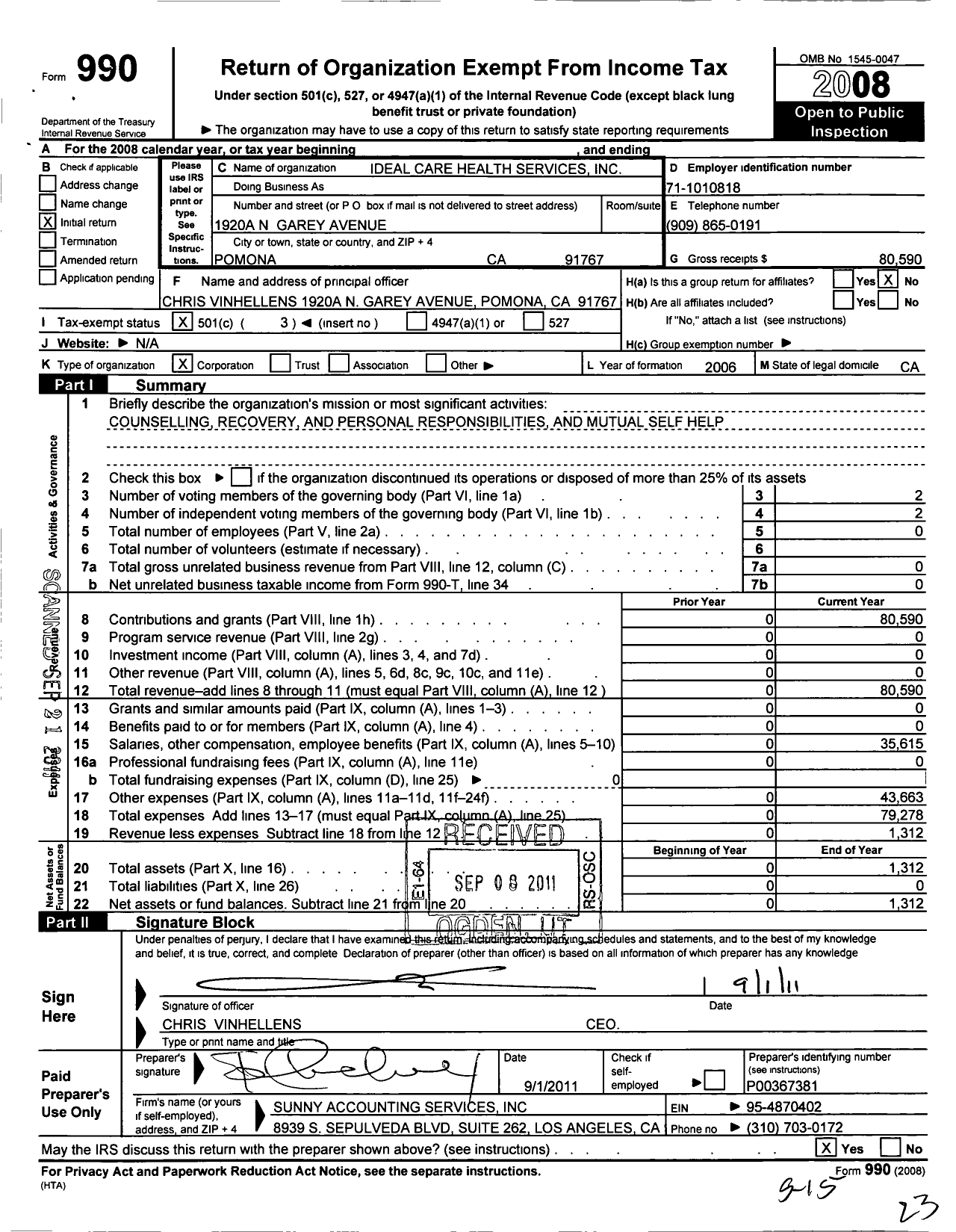 Image of first page of 2008 Form 990 for Ideal Care and Health Services