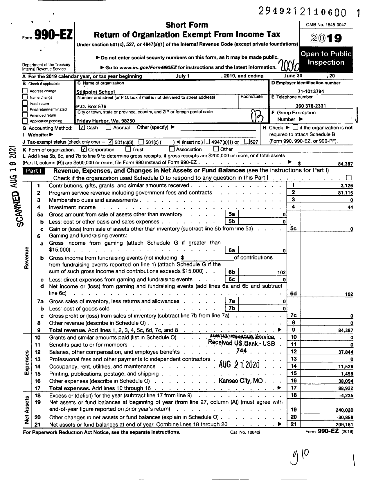 Image of first page of 2019 Form 990EZ for Stillpoint School