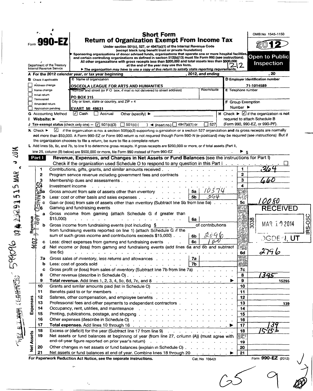 Image of first page of 2012 Form 990EZ for Osceola League for Arts and Humanities