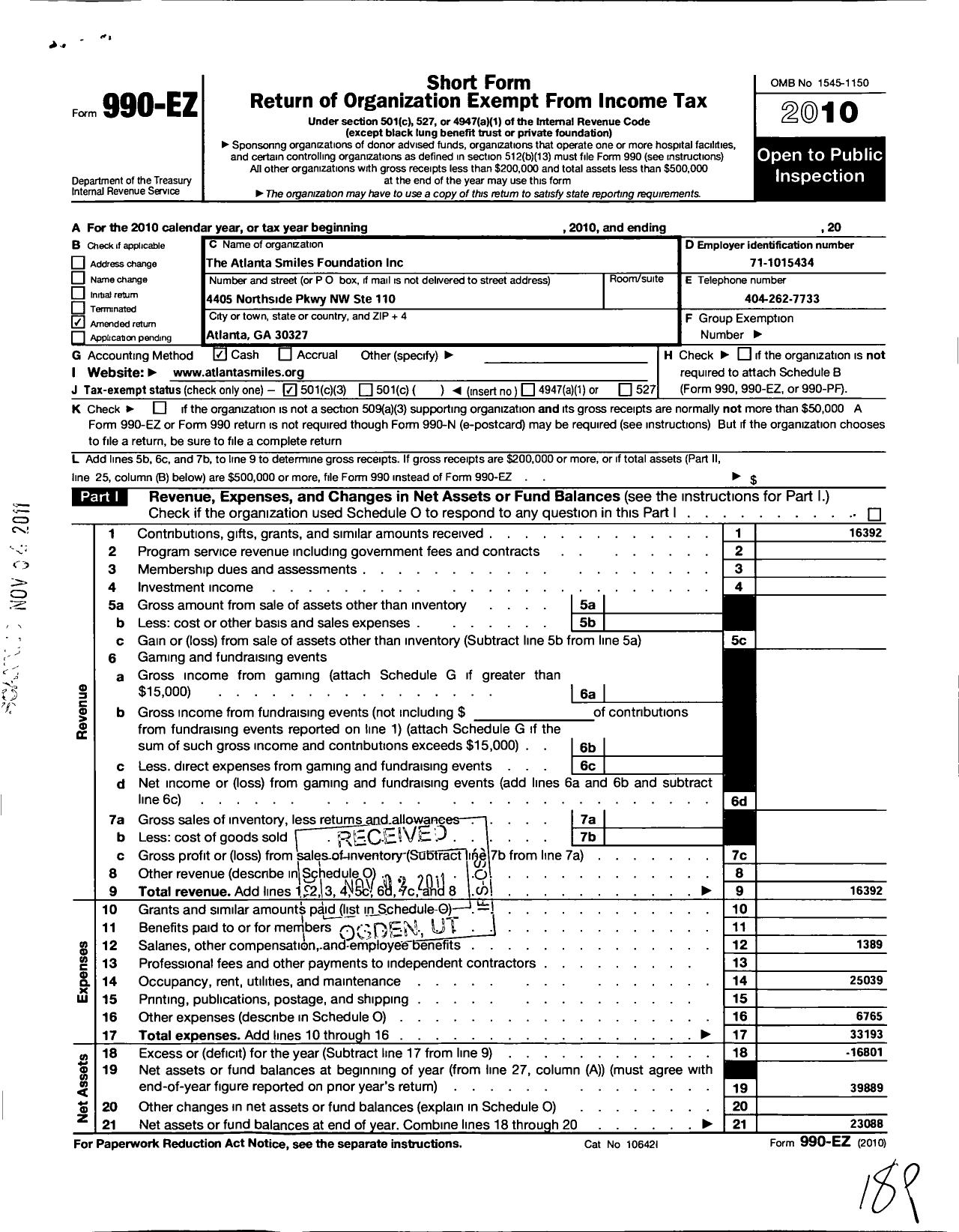 Image of first page of 2010 Form 990EZ for The Atlanta Smiles Foundation