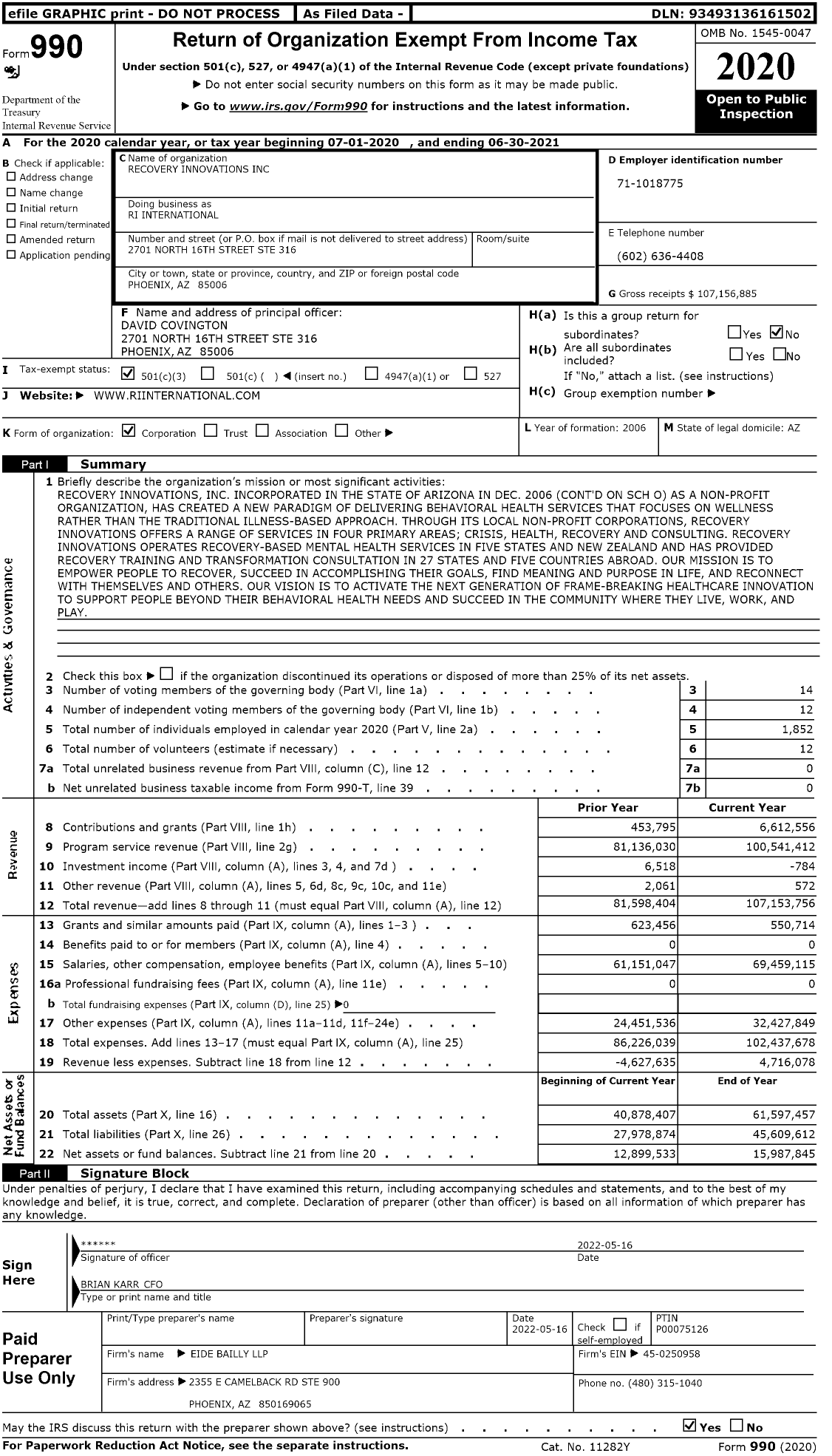 Image of first page of 2020 Form 990 for Recovery Innovations International