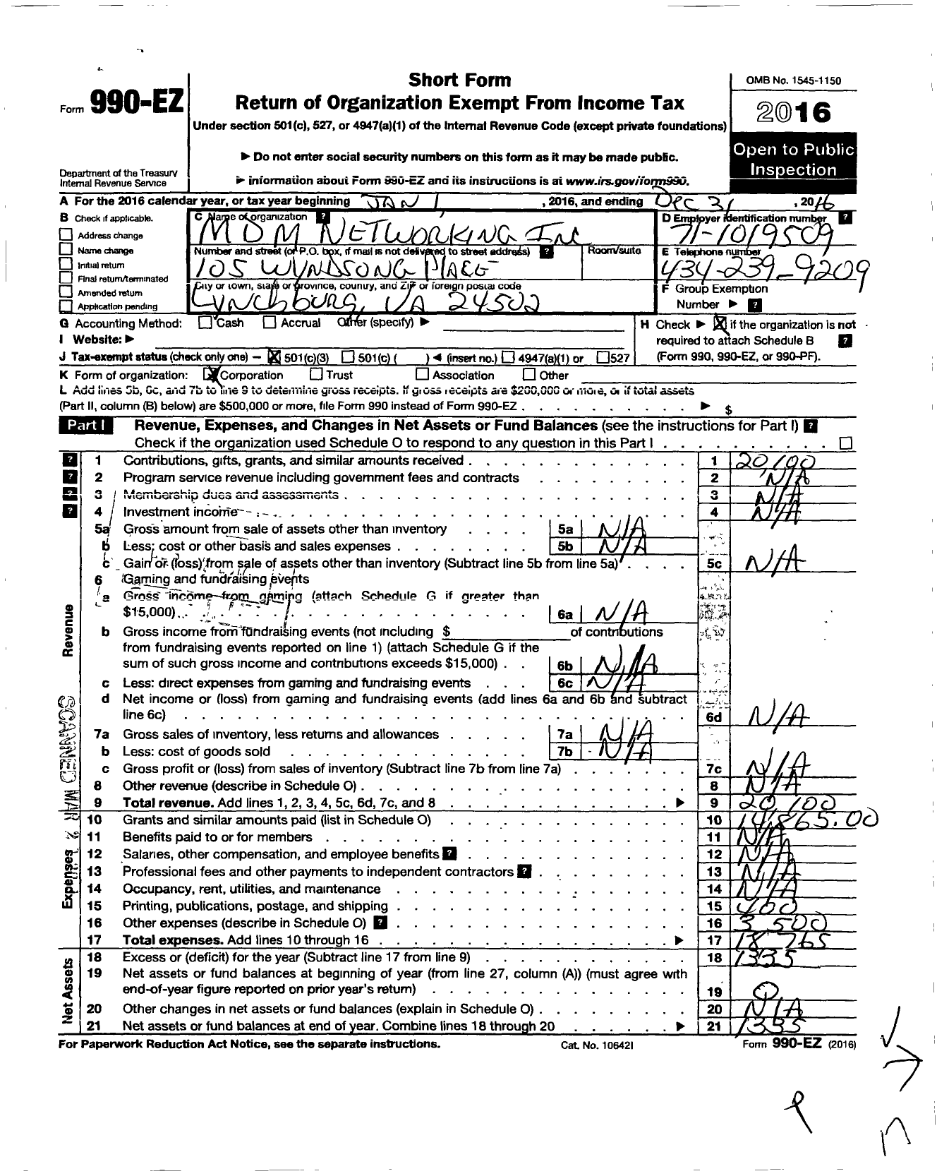 Image of first page of 2016 Form 990EZ for MDM Networking